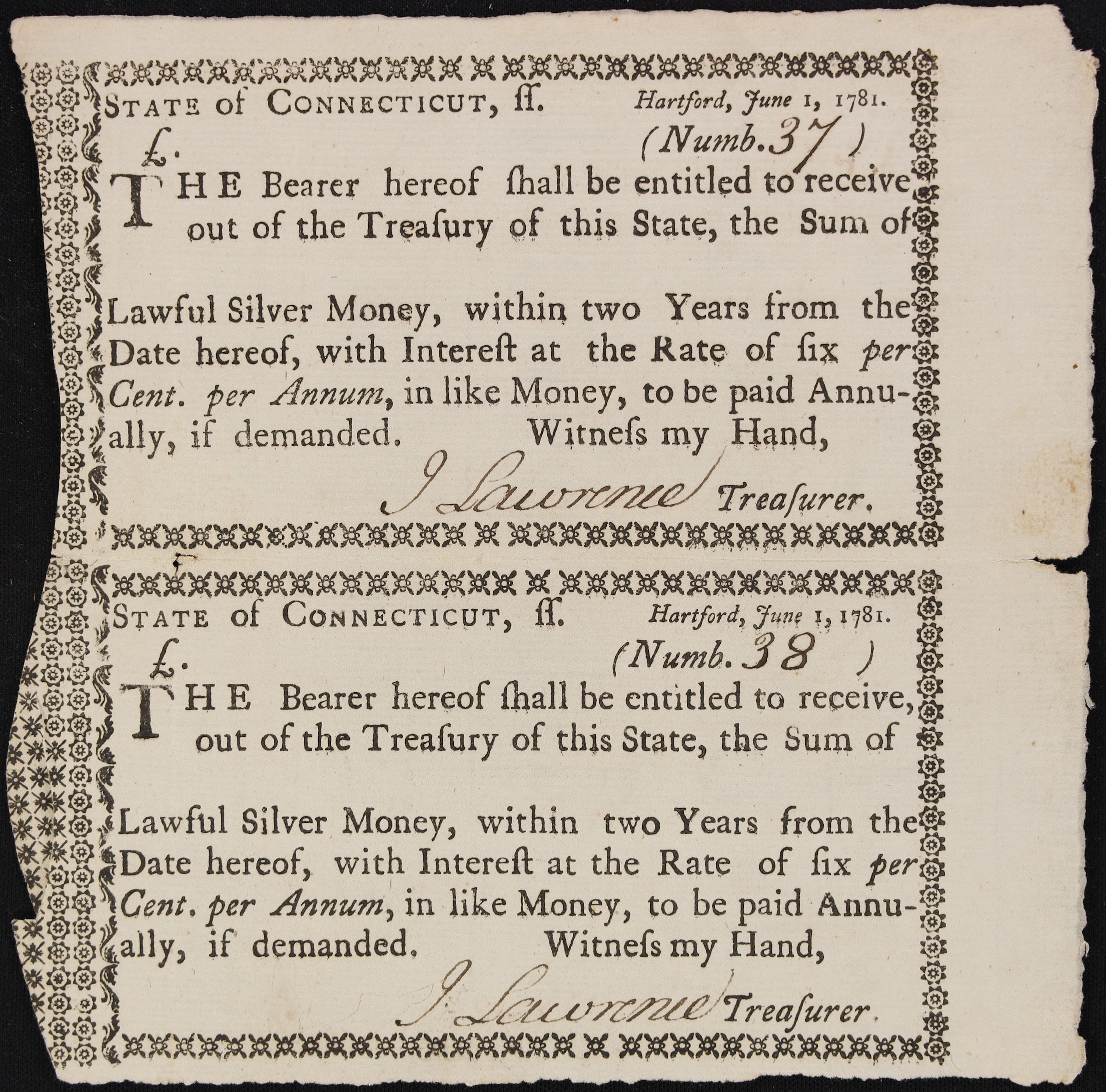 Uncut Sheet of (2) Hartford, Connecticut. State of Connecticut. Treasury