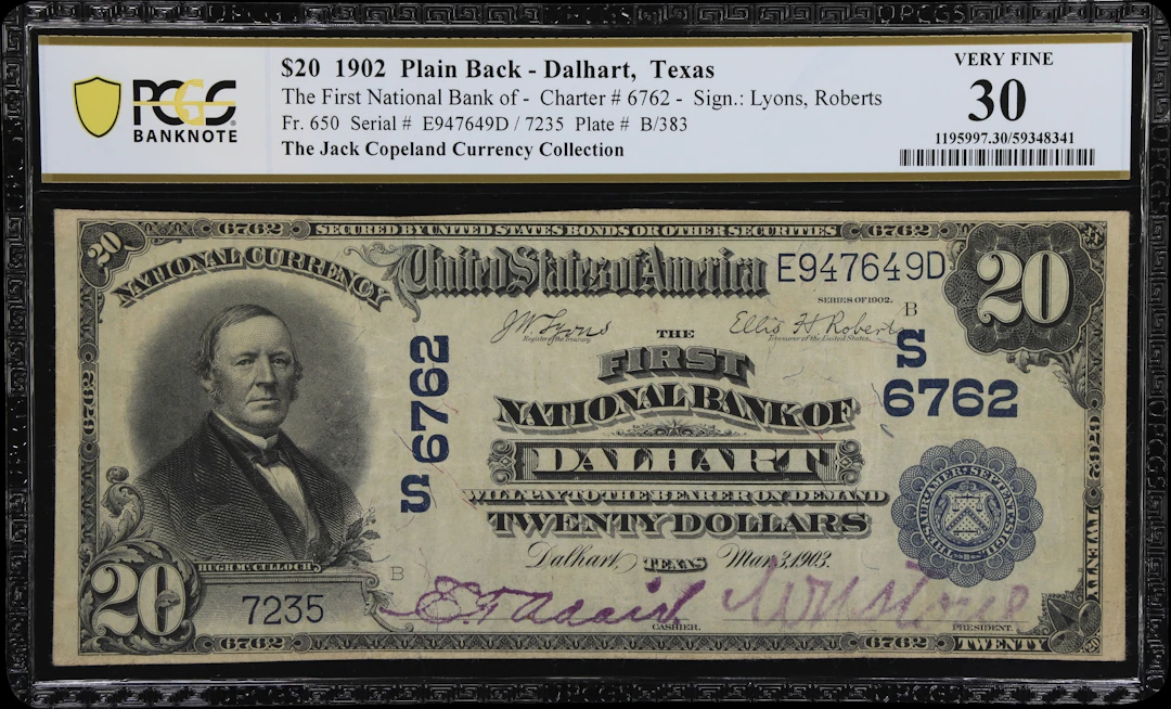 Dalhart, Texas. $20 1902 Plain Back. Fr. 650. First NB. Charter #6762.