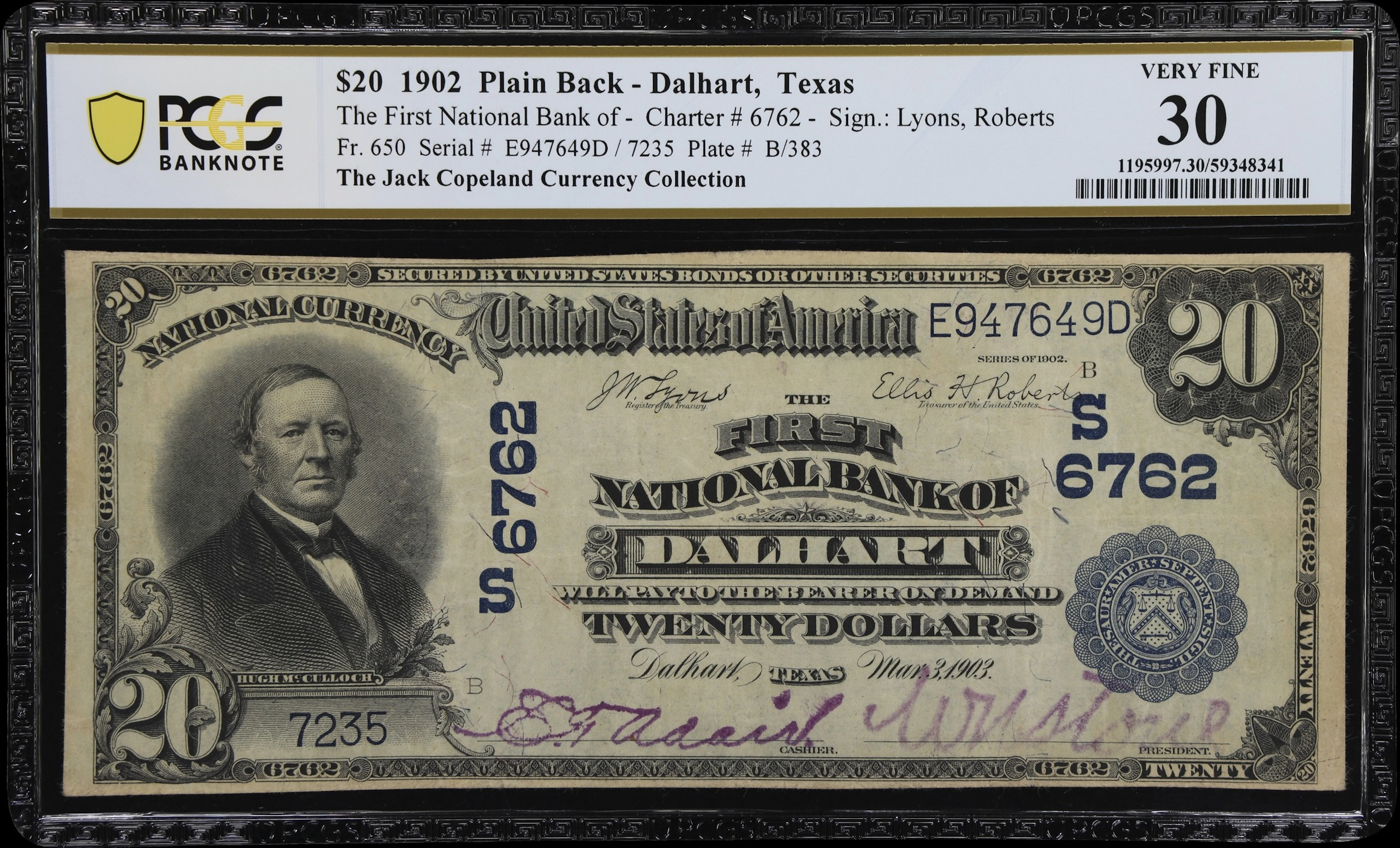 Dalhart, Texas. $20 1902 Plain Back. Fr. 650. First NB. Charter #6762.