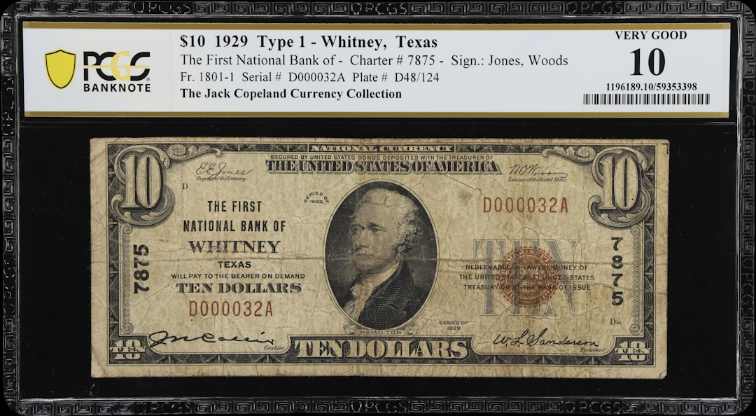 Whitney, Texas. $10 1929 Ty. 1. Fr. 1801-1. First NB. Charter #7875.