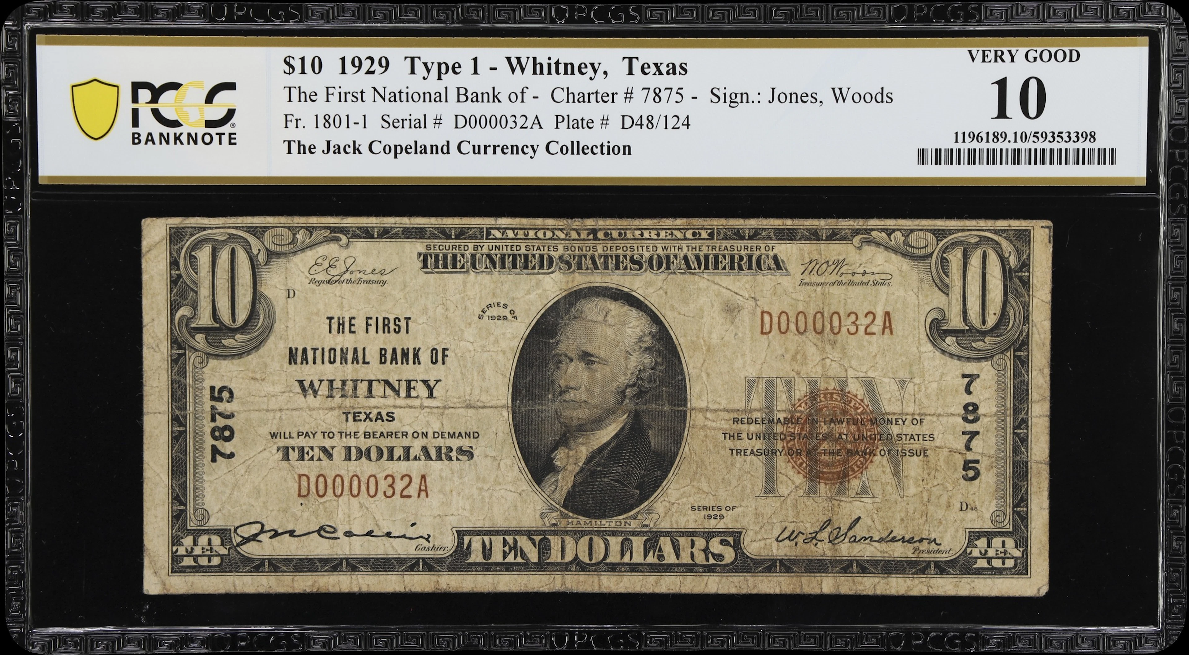 Whitney, Texas. $10 1929 Ty. 1. Fr. 1801-1. First NB. Charter #7875.