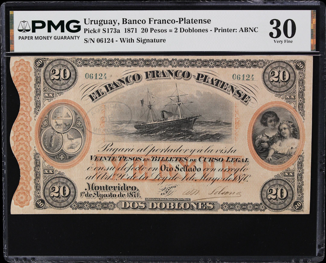 URUGUAY. Banco Franco-Platense. 20 Pesos = 2 Doblones, 1.8.1871. P-S173a.