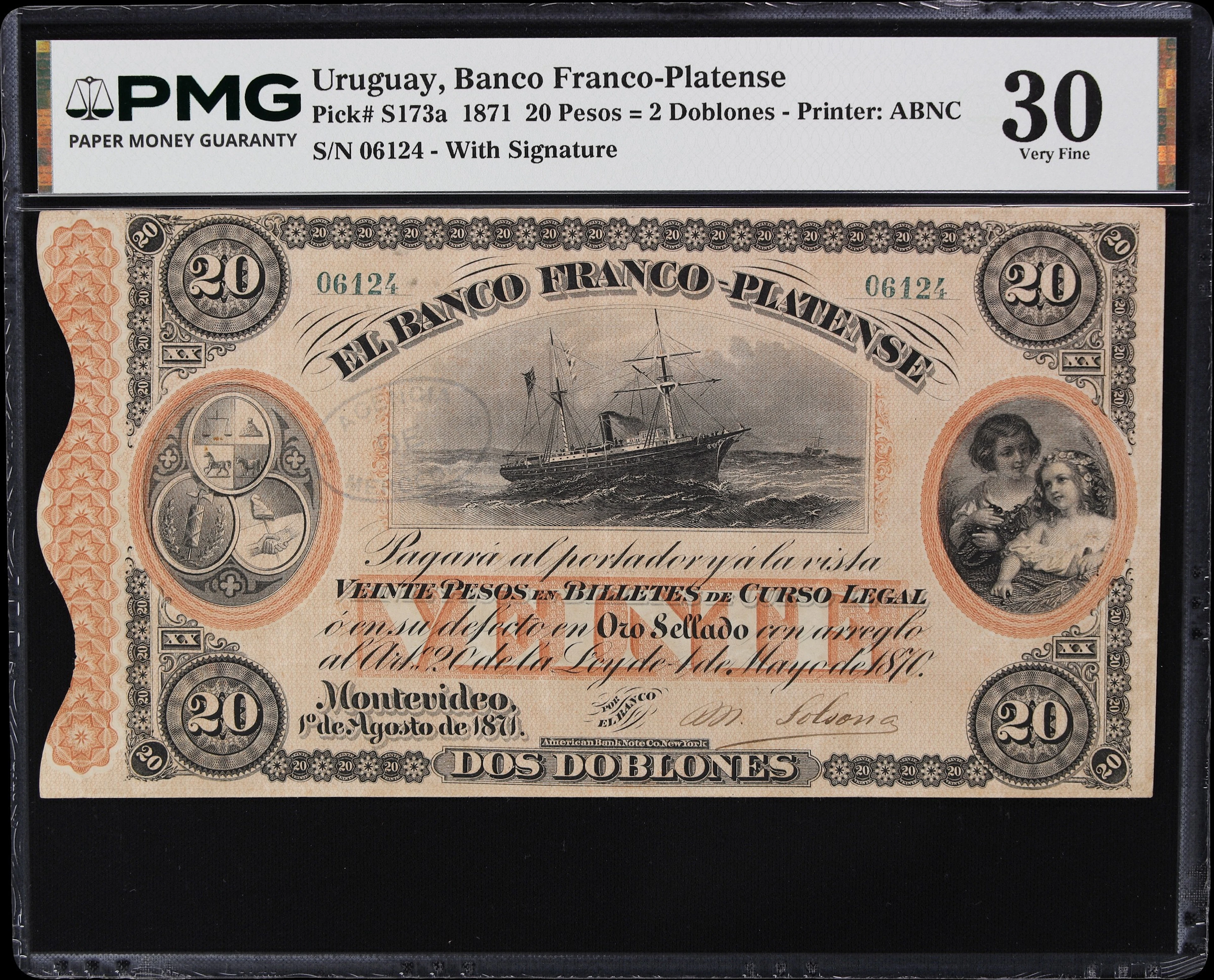 URUGUAY. Banco Franco-Platense. 20 Pesos = 2 Doblones, 1.8.1871. P-S173a.