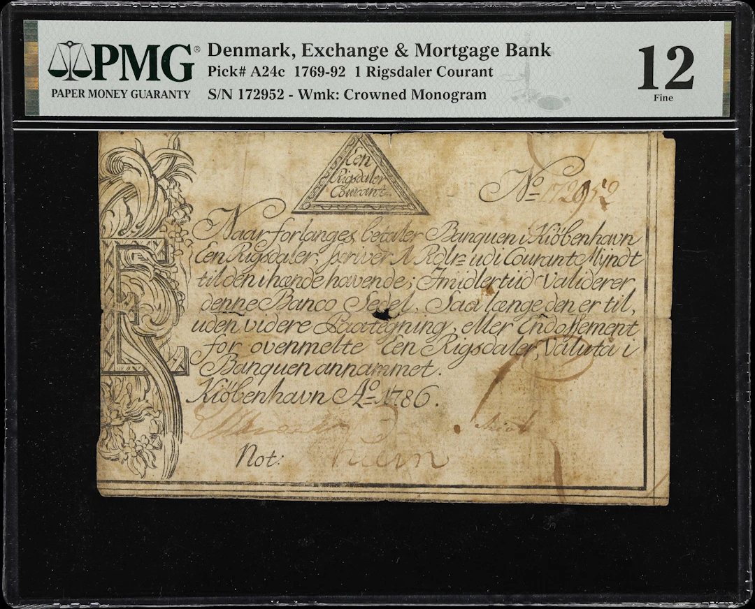 (◊) DENMARK. Exchange & Mortgage Bank. 1 Rigsdaler Courant, 1786.