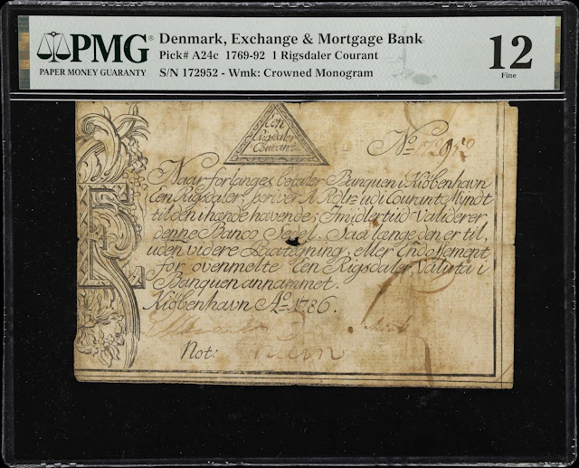(◊) DENMARK. Exchange & Mortgage Bank. 1 Rigsdaler Courant, 1786.