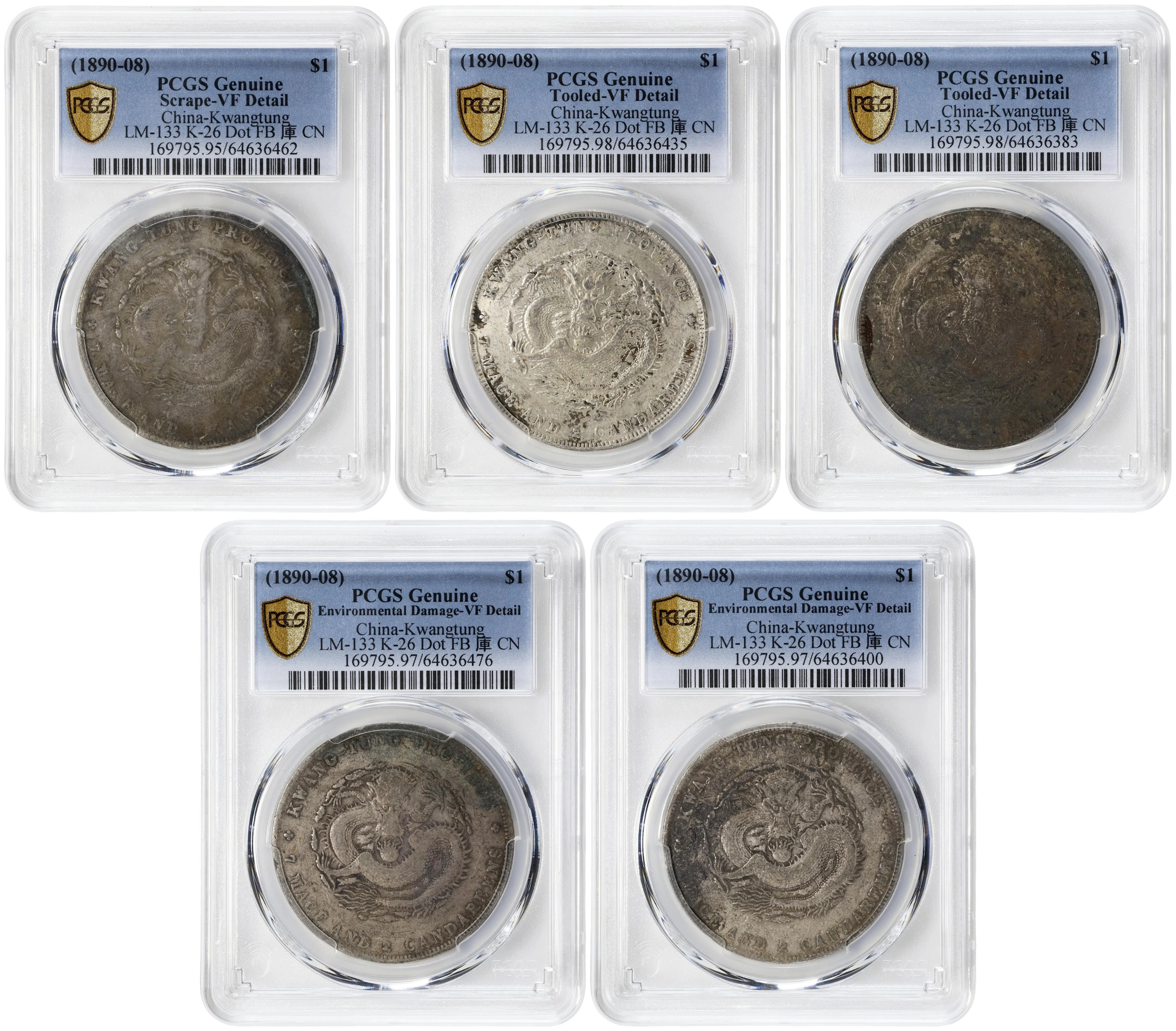 (t) CHINA. Kwangtung. Quintet of 7 Mace 2 Candareens (Dollar) (5 Pieces)