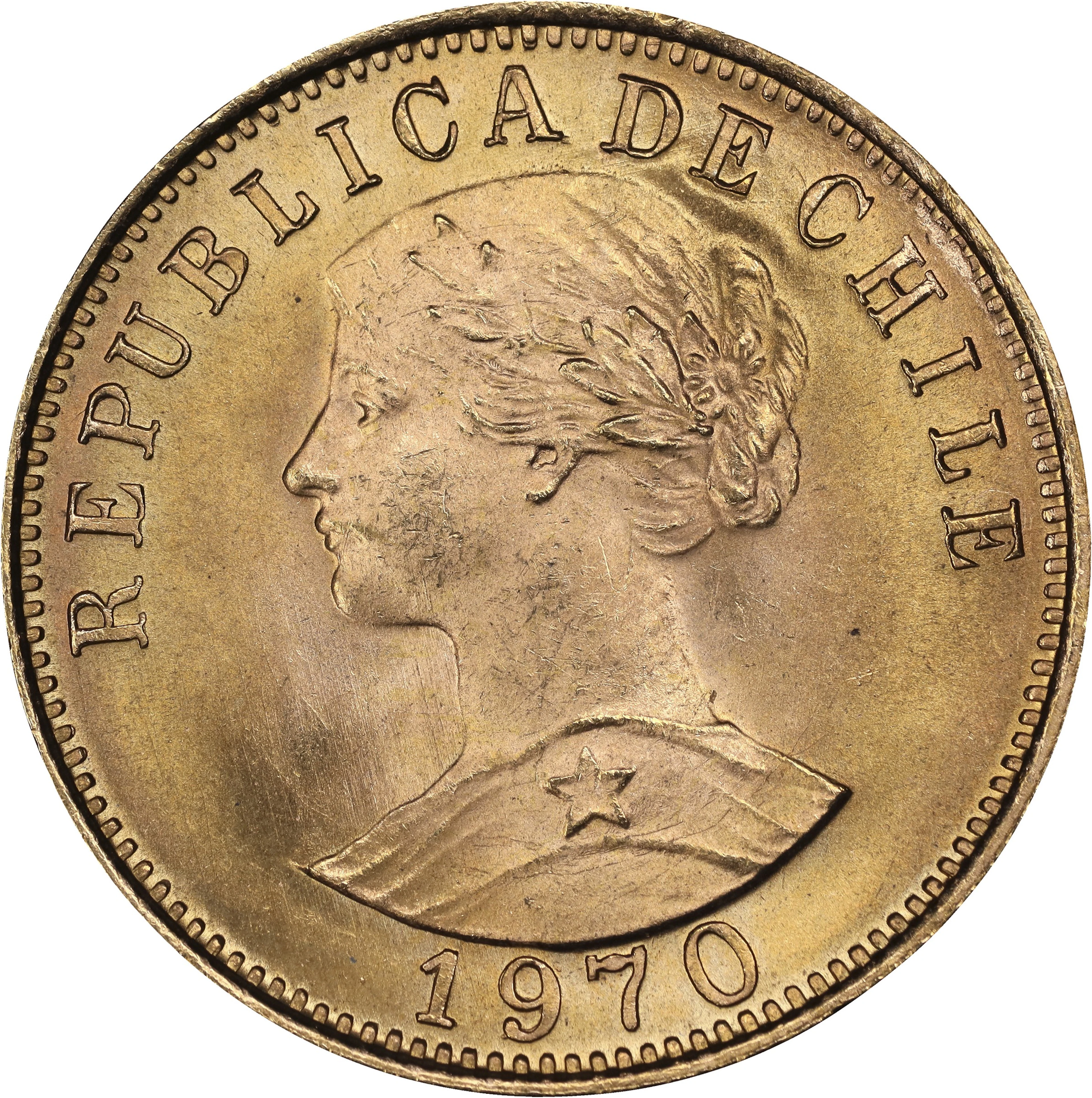 (0.294 oz, 9.145 g AGW). Chile. 1970 Gold 50 Pesos.
