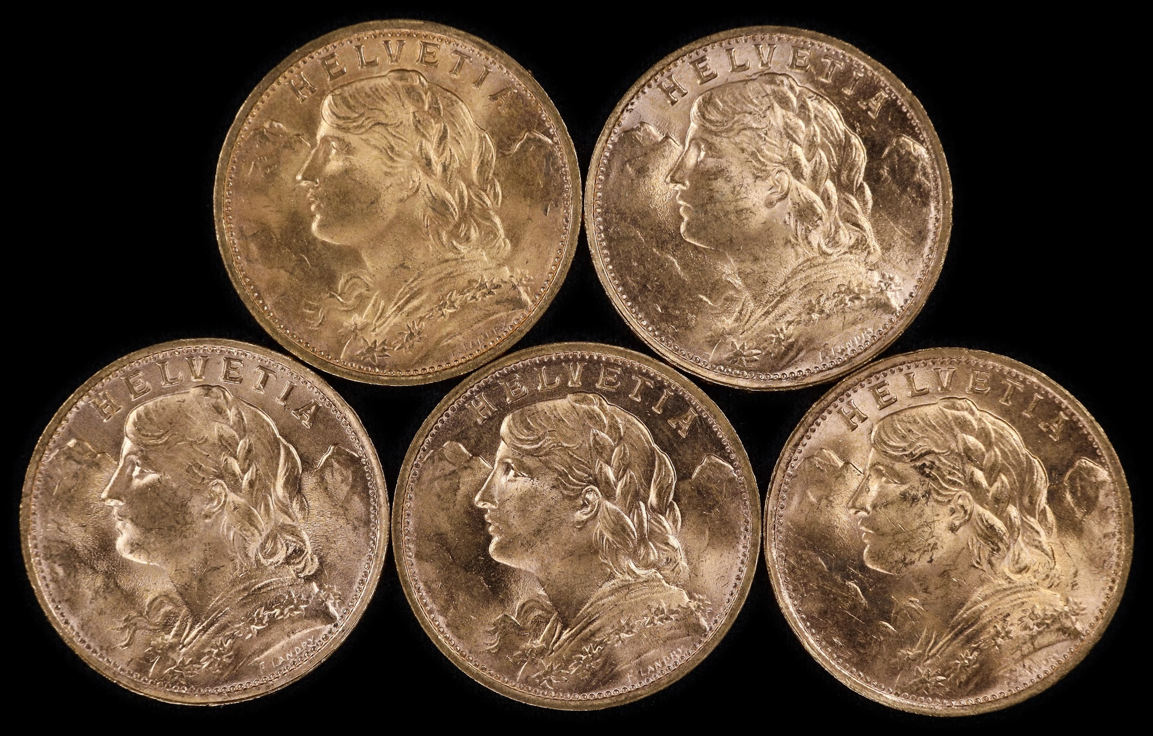 (0.935 oz, 29.082 g AGW). Switzerland. Lot of (5) Mixed Date Gold 20 Francs.