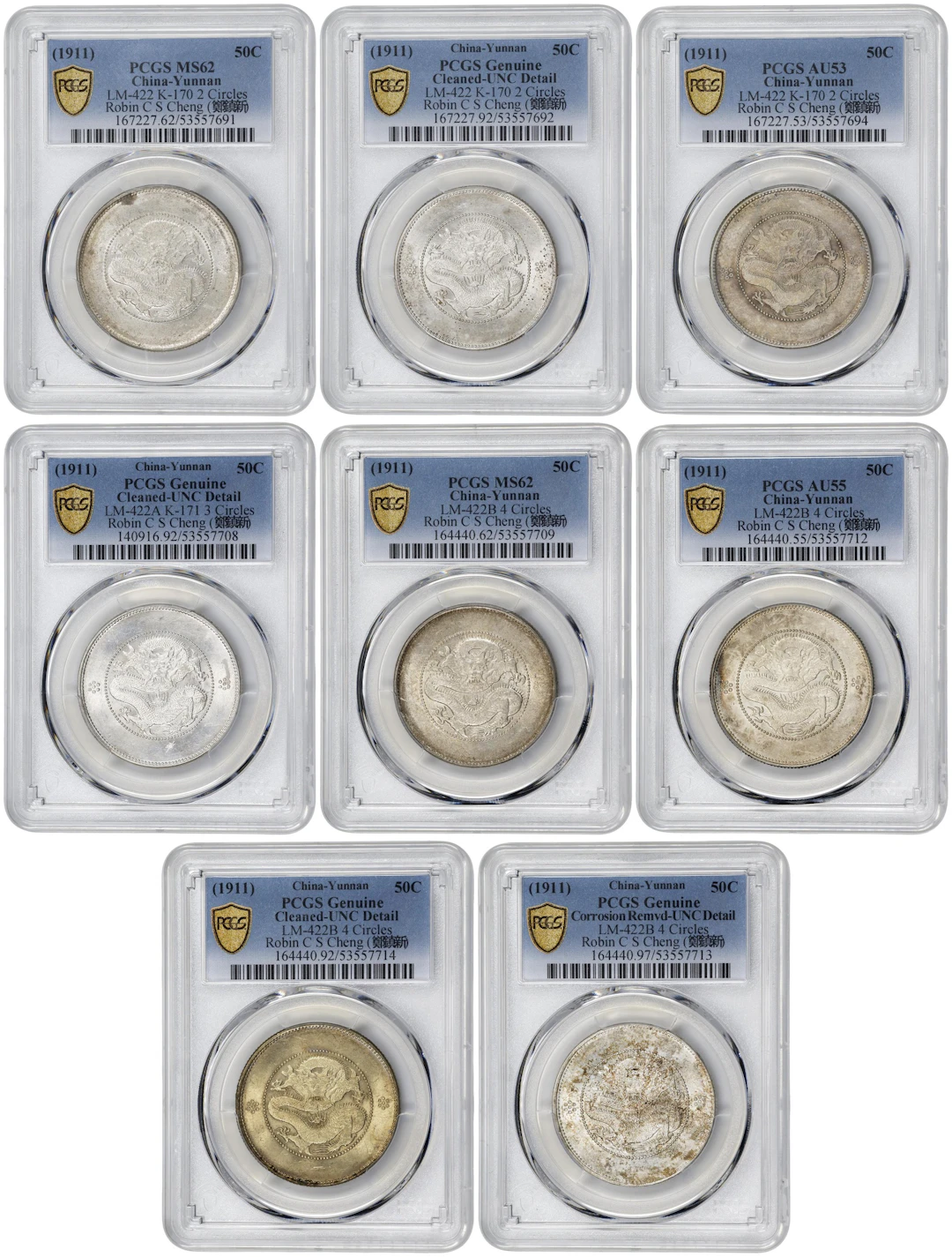 (t) CHINA. Yunnan. Octet of 3 Mace 6 Candareens (50 Cents) (8 Pieces)