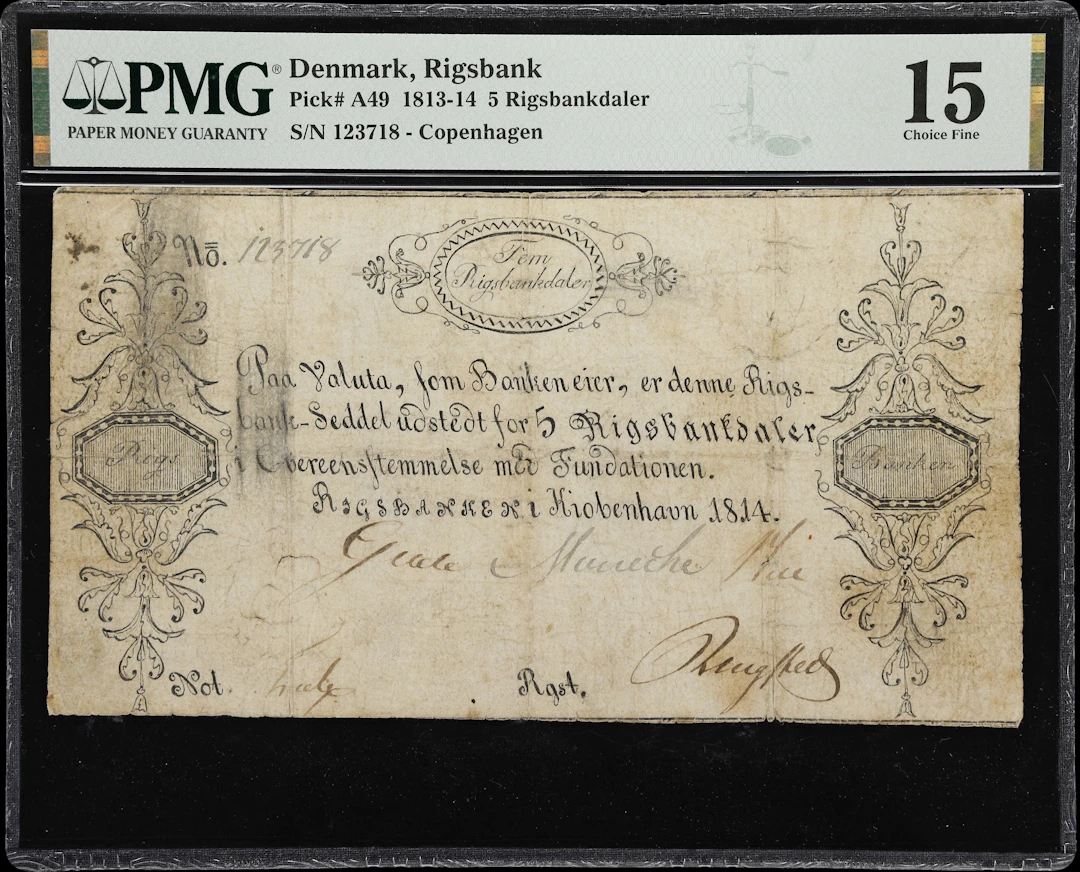(◊) DENMARK. Rigsbanken i Kiobenhavn. 5 Rigsbankdaler, 1814. P-A49.