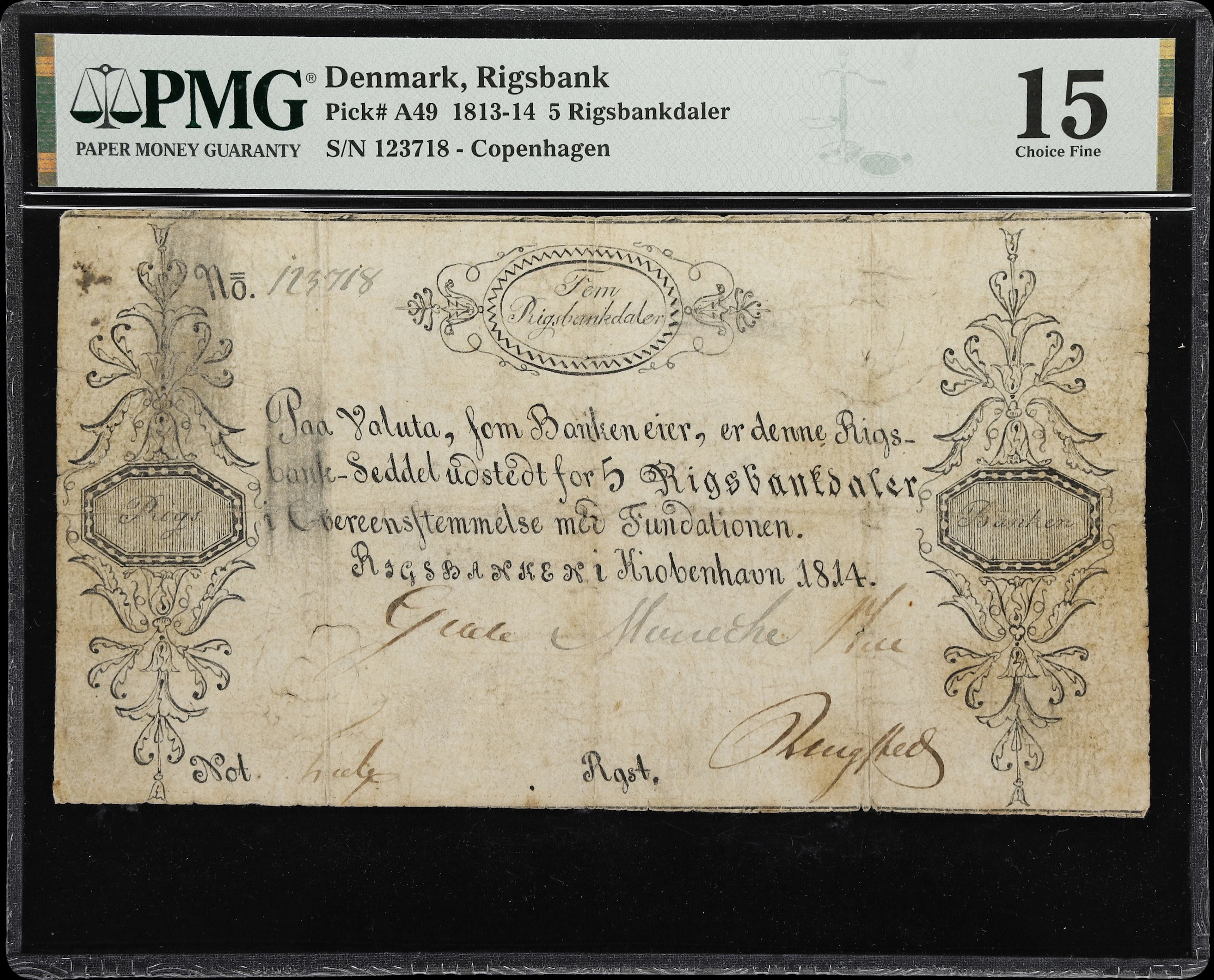 (◊) DENMARK. Rigsbanken i Kiobenhavn. 5 Rigsbankdaler, 1814. P-A49.
