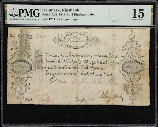 (◊) DENMARK. Rigsbanken i Kiobenhavn. 5 Rigsbankdaler, 1814. P-A49.