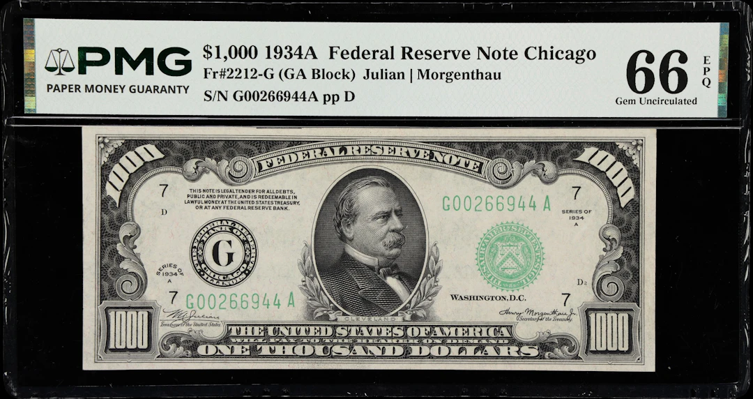 Fr. 2212-G. 1934A $1000 Federal Reserve Note. Chicago. PMG Gem Uncirculated