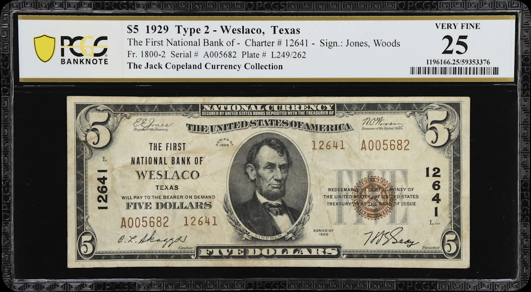 Weslaco, Texas. $5 1929 Ty. 2. Fr. 1800-2. First NB. Charter #12641.