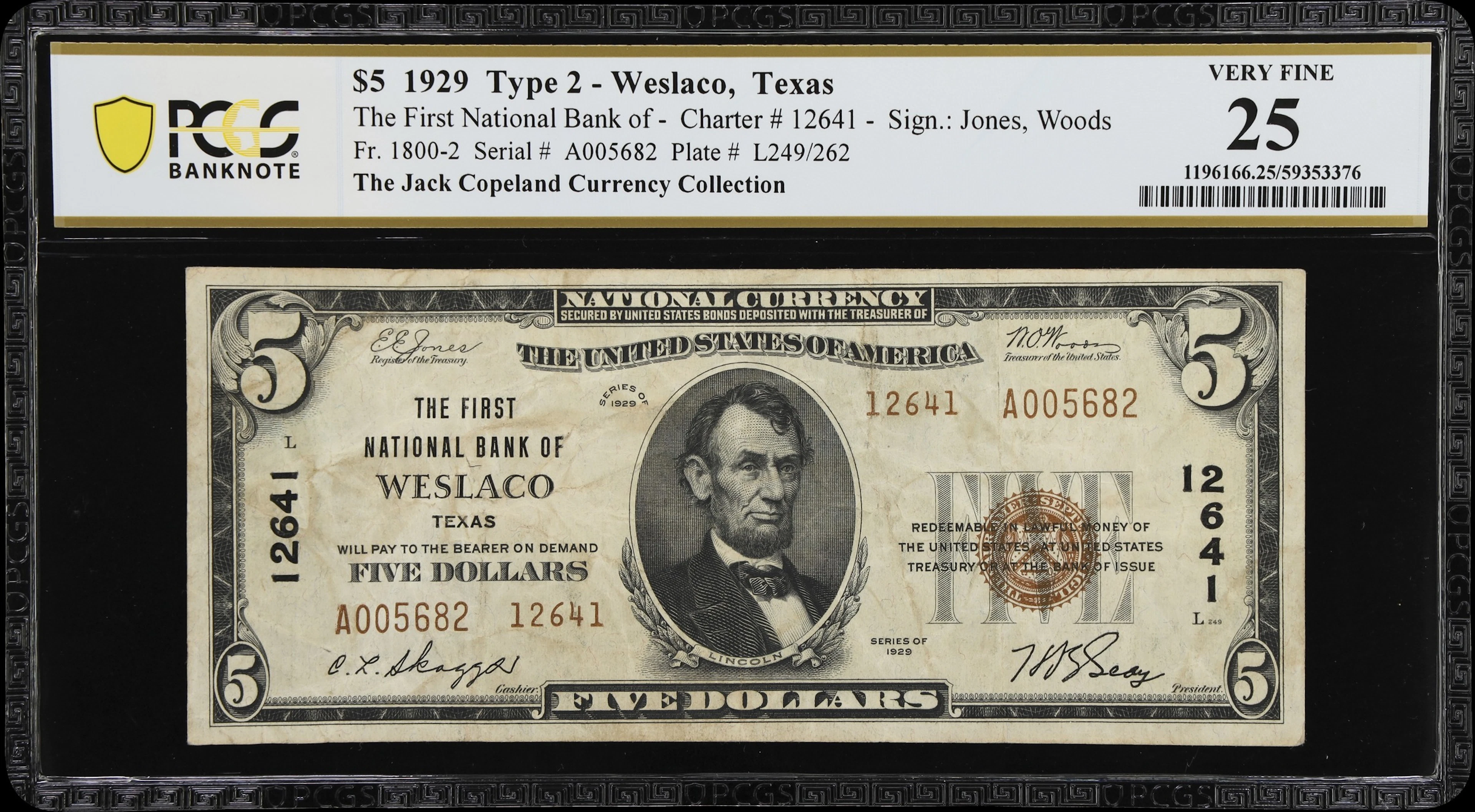Weslaco, Texas. $5 1929 Ty. 2. Fr. 1800-2. First NB. Charter #12641.