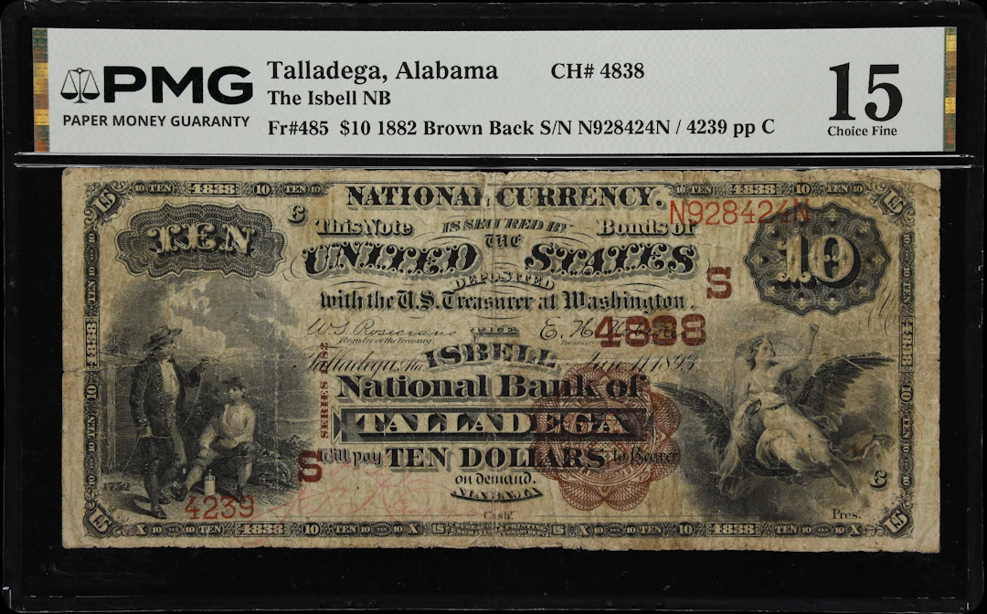 Talladega, Alabama. $10 1882 Brown Back. Fr. 485. Isbell NB. Charter