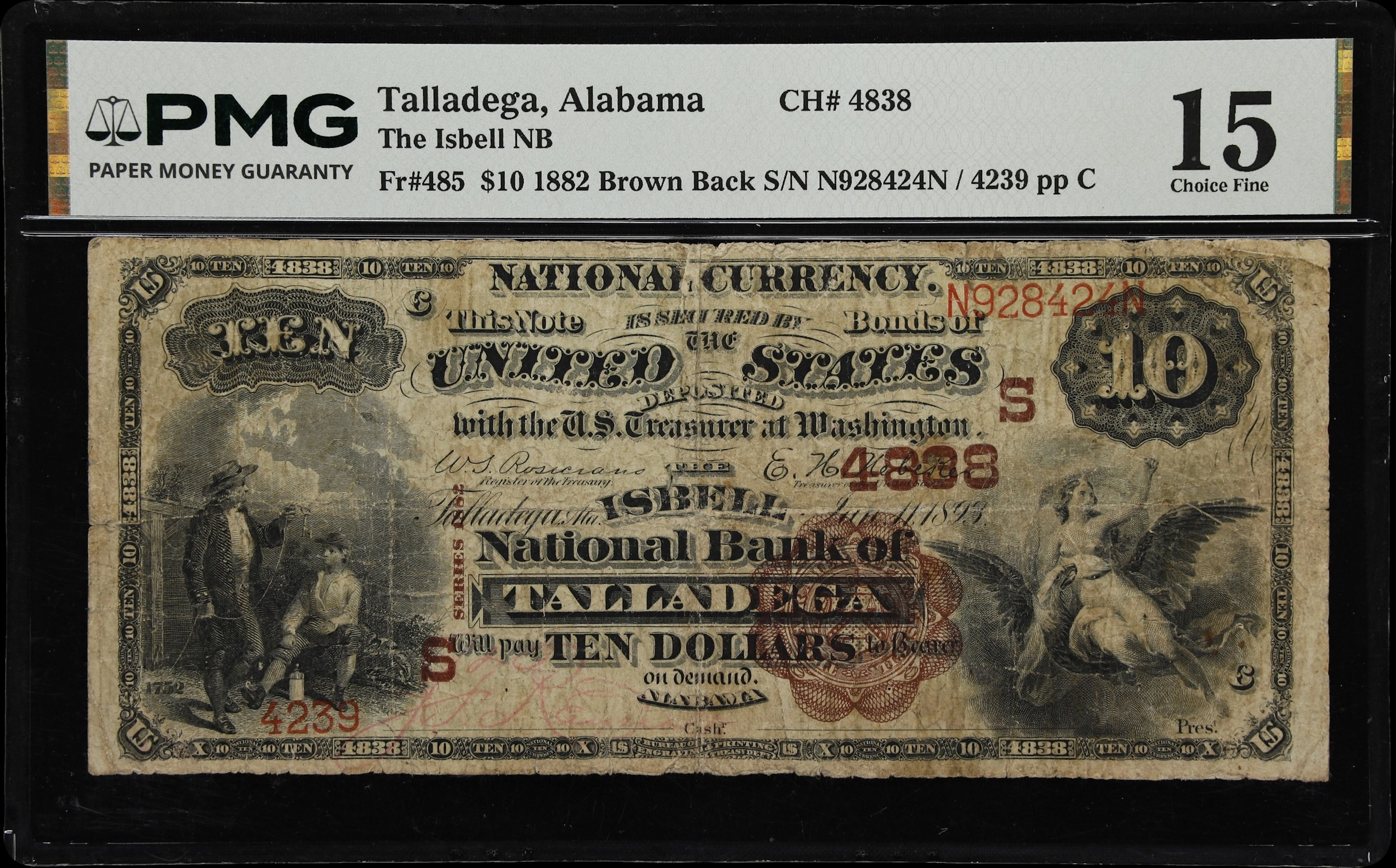 Talladega, Alabama. $10 1882 Brown Back. Fr. 485. Isbell NB. Charter