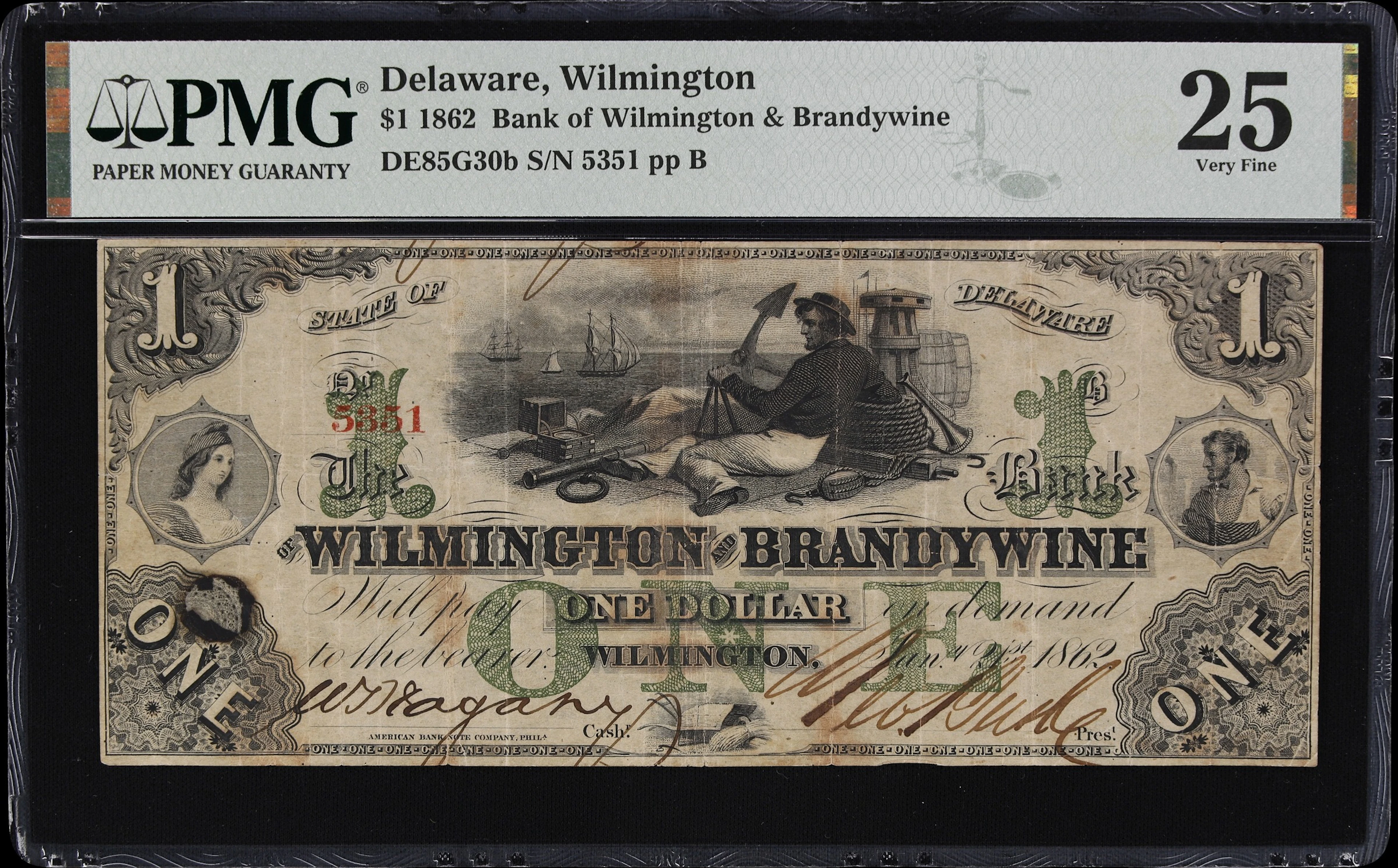 Wilmington, Delaware. Bank of Wilmington & Brandywine. 1862 $1. PMG