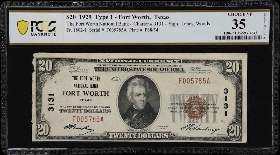 Fort Worth, Texas. $20 1929 Ty. 1. Fr. 1802-1. Fort Worth NB. Charter