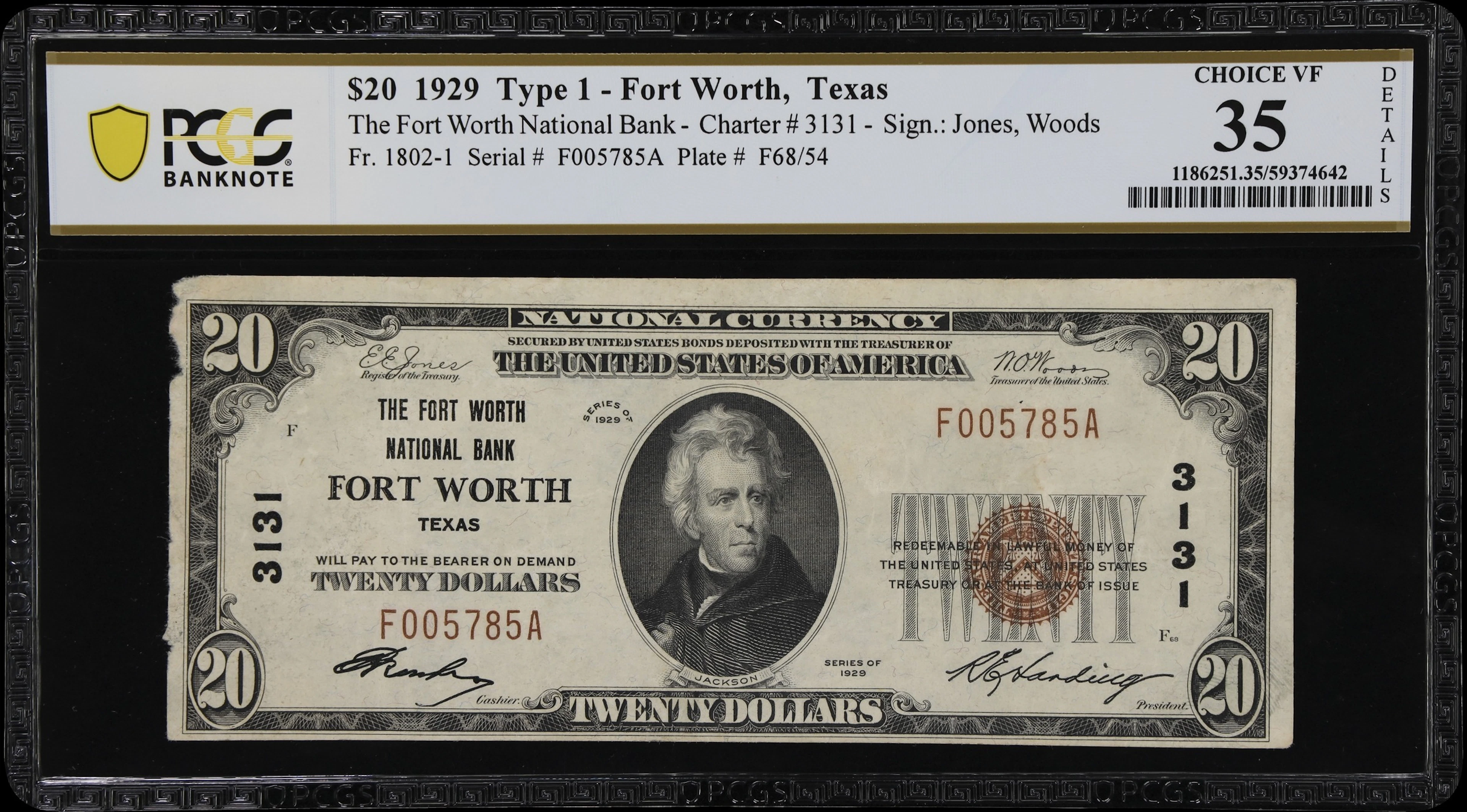 Fort Worth, Texas. $20 1929 Ty. 1. Fr. 1802-1. Fort Worth NB. Charter