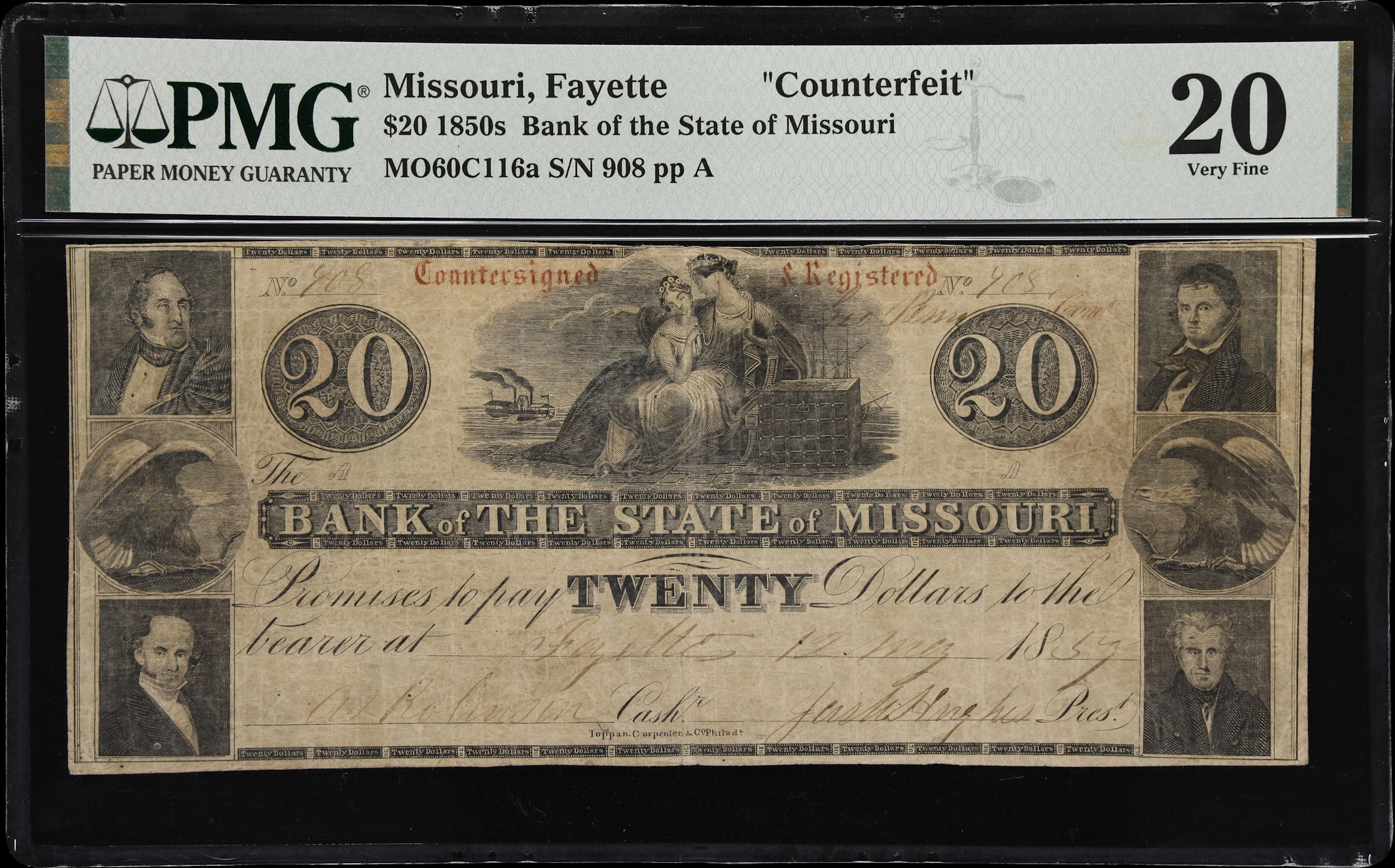 Fayette, Missouri. Bank of the State of Missouri. 1857 $20. PMG Very
