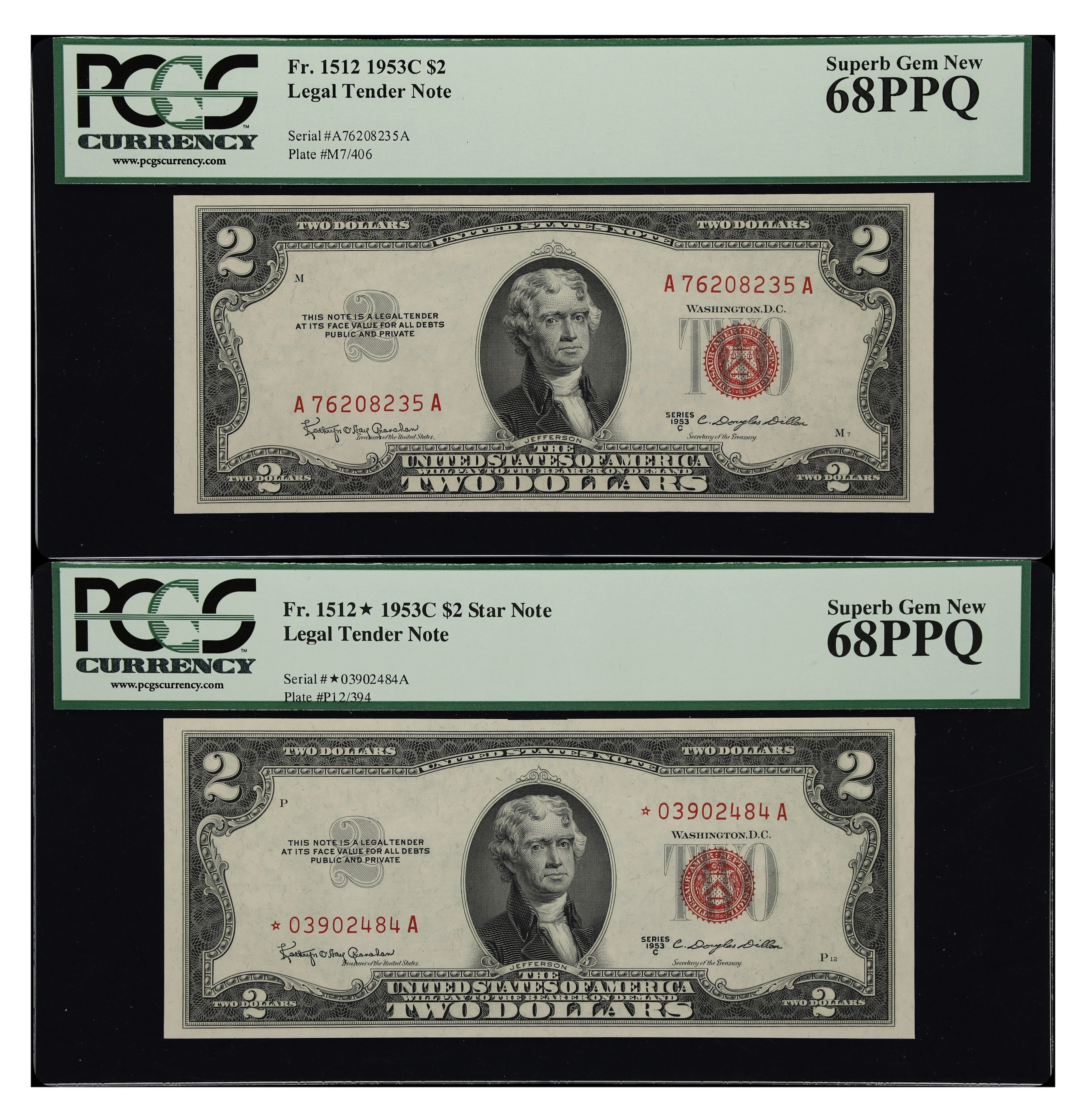 Lot of (2) Fr. 1512 & 1512*. 1953C $2 Legal Tender Notes. PCGS Currency