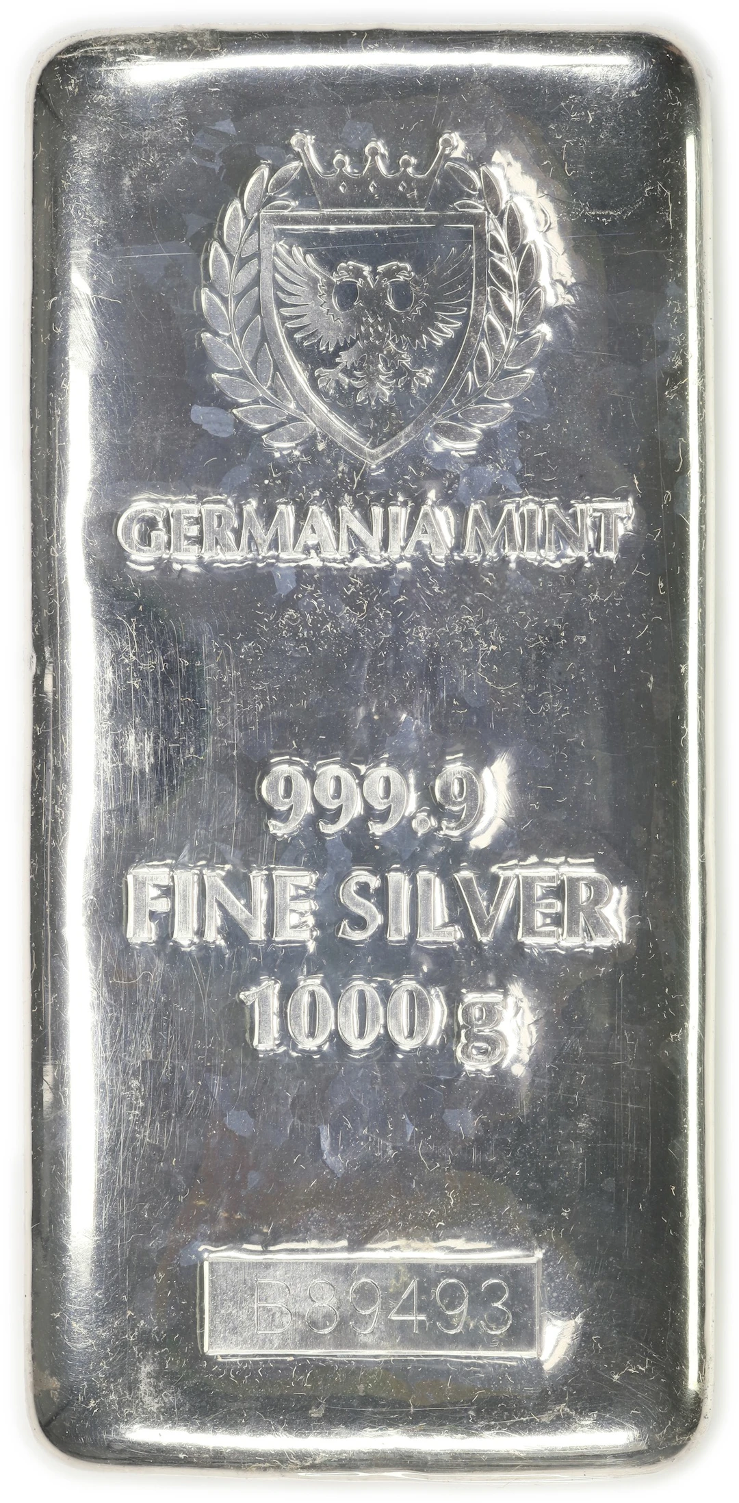 (32.151 oz, 1000 g ASW). Germania Mint 1 Kilo Silver Bar.