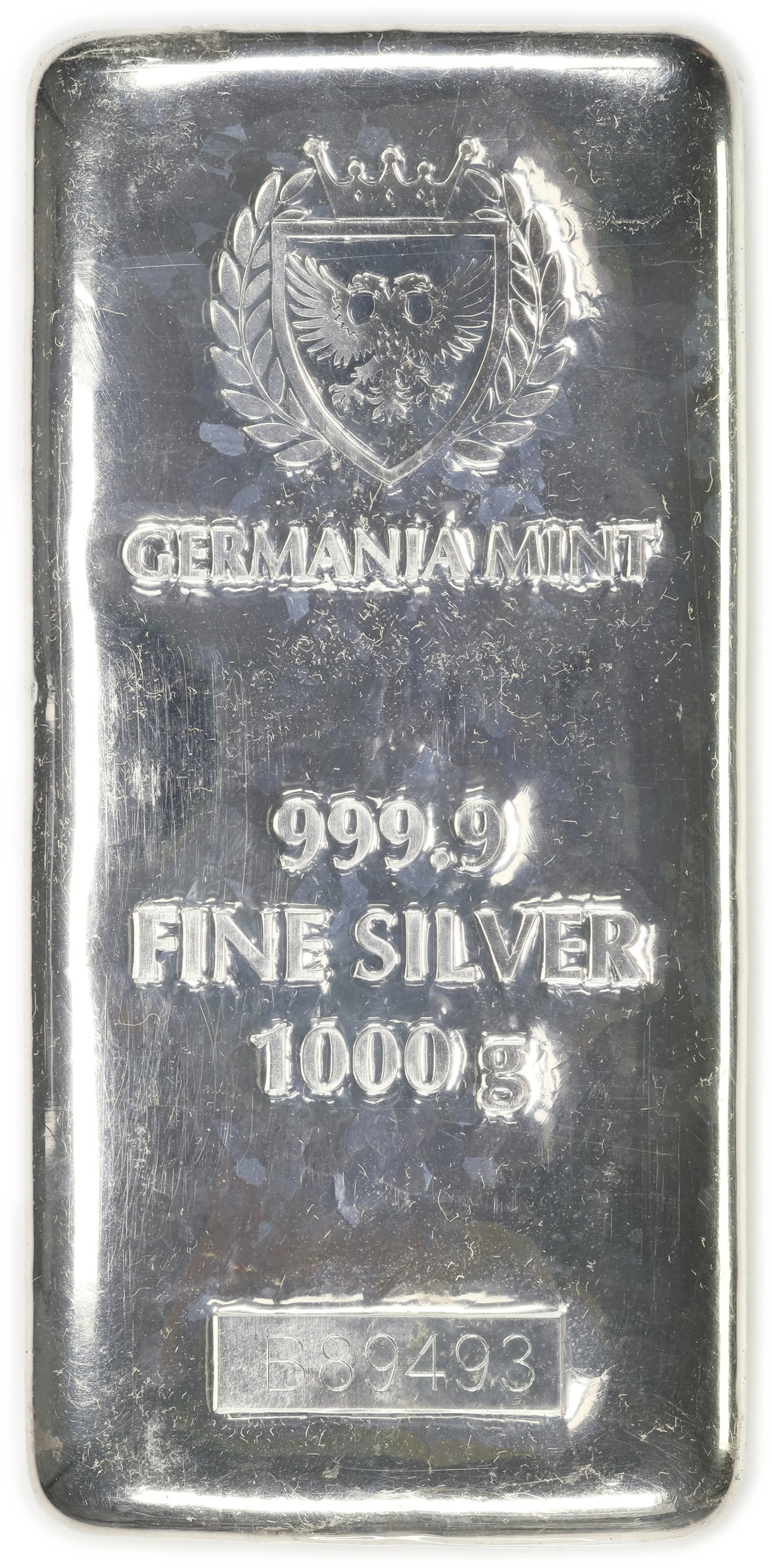 (32.151 oz, 1000 g ASW). Germania Mint 1 Kilo Silver Bar.