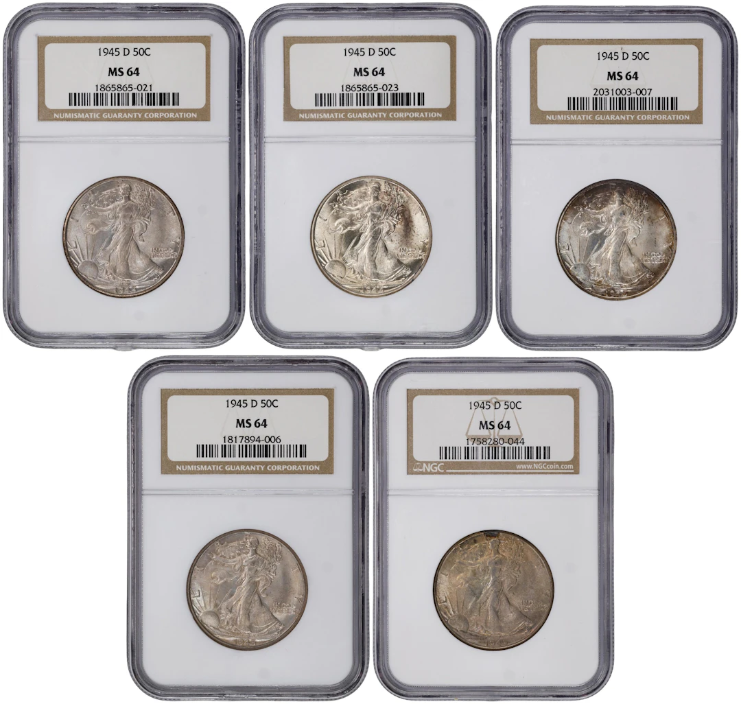 Lot of (5) 1945-D Walking Liberty Half Dollars. MS-64 (NGC).