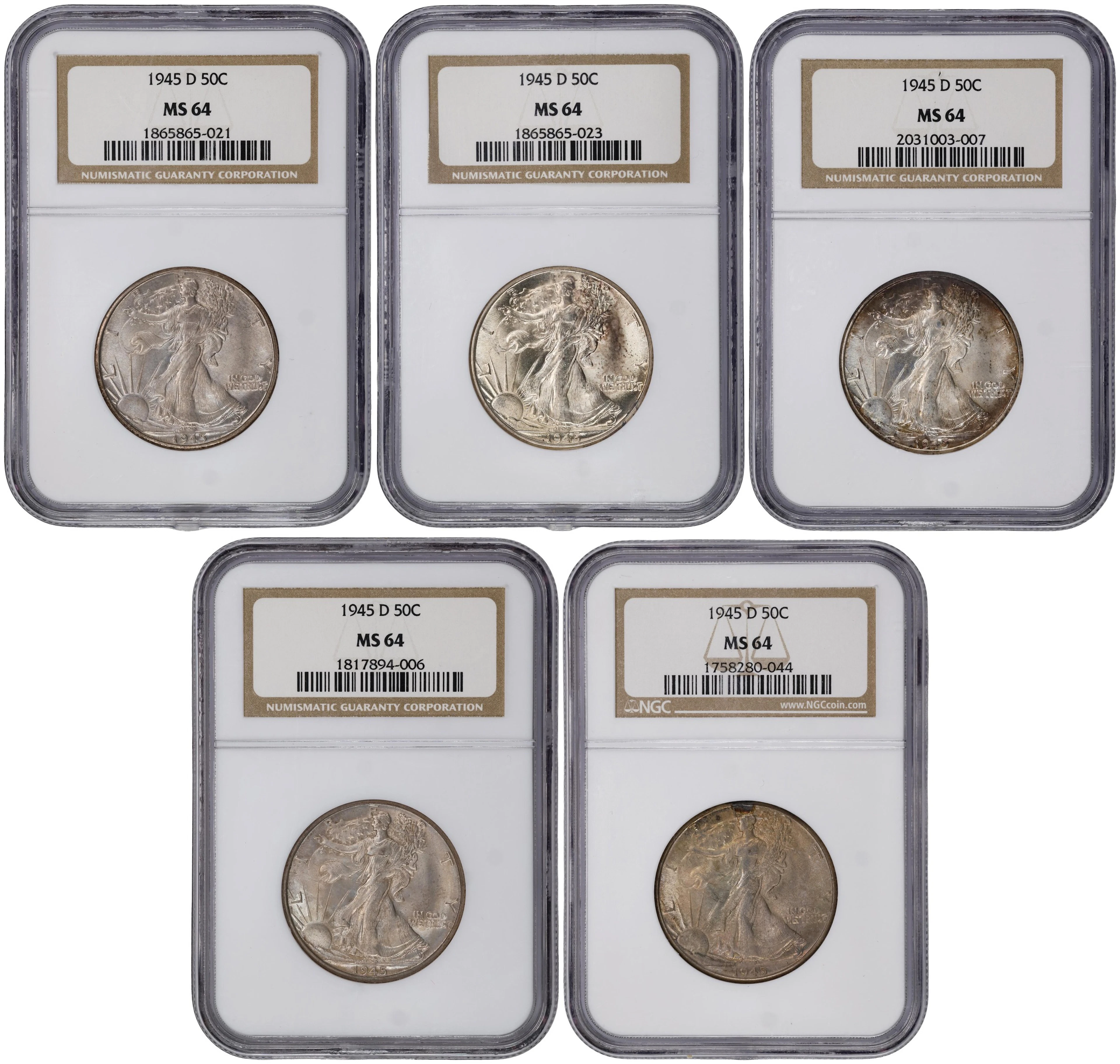 Lot of (5) 1945-D Walking Liberty Half Dollars. MS-64 (NGC).