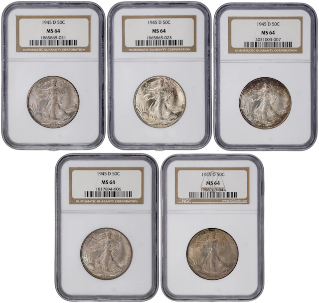 Lot of (5) 1945-D Walking Liberty Half Dollars. MS-64 (NGC).