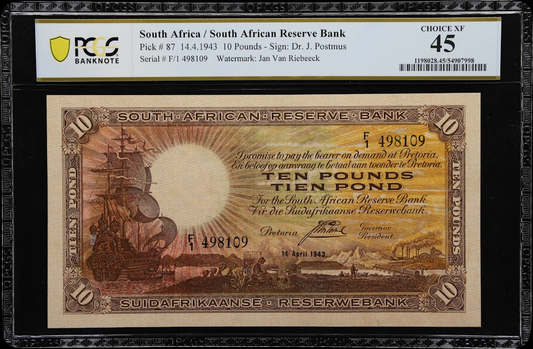 SOUTH AFRICA. South African Reserve Bank. 10 Pounds, 14.4.1943. P-87.