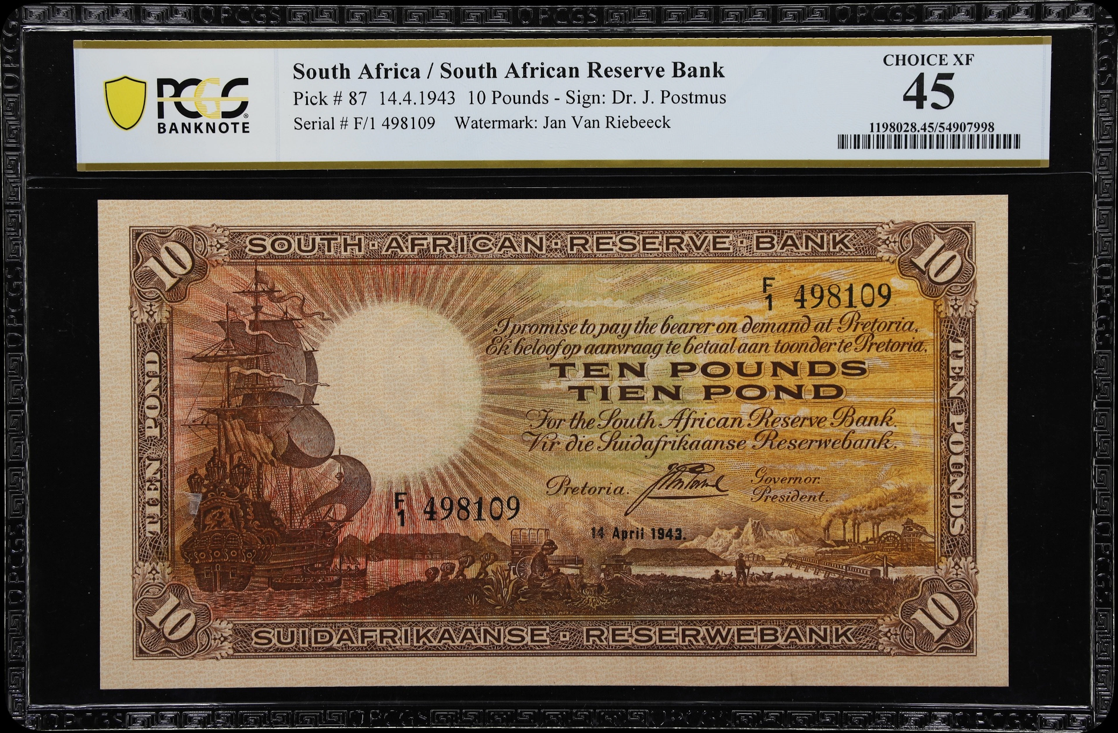 SOUTH AFRICA. South African Reserve Bank. 10 Pounds, 14.4.1943. P-87.
