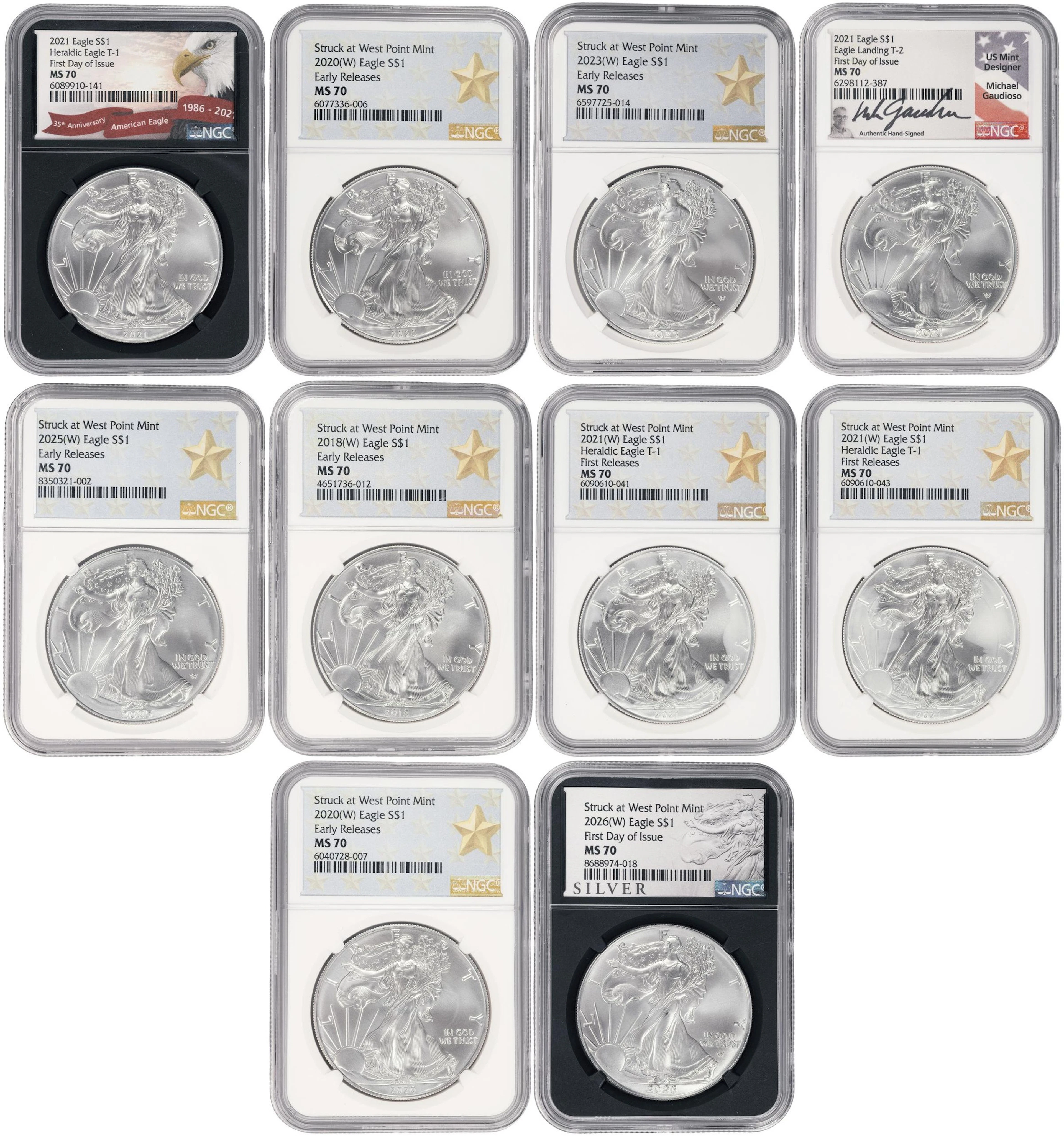(10 oz, 311.04 g ASW). Lot of (10) Mixed Date American Silver Eagles.