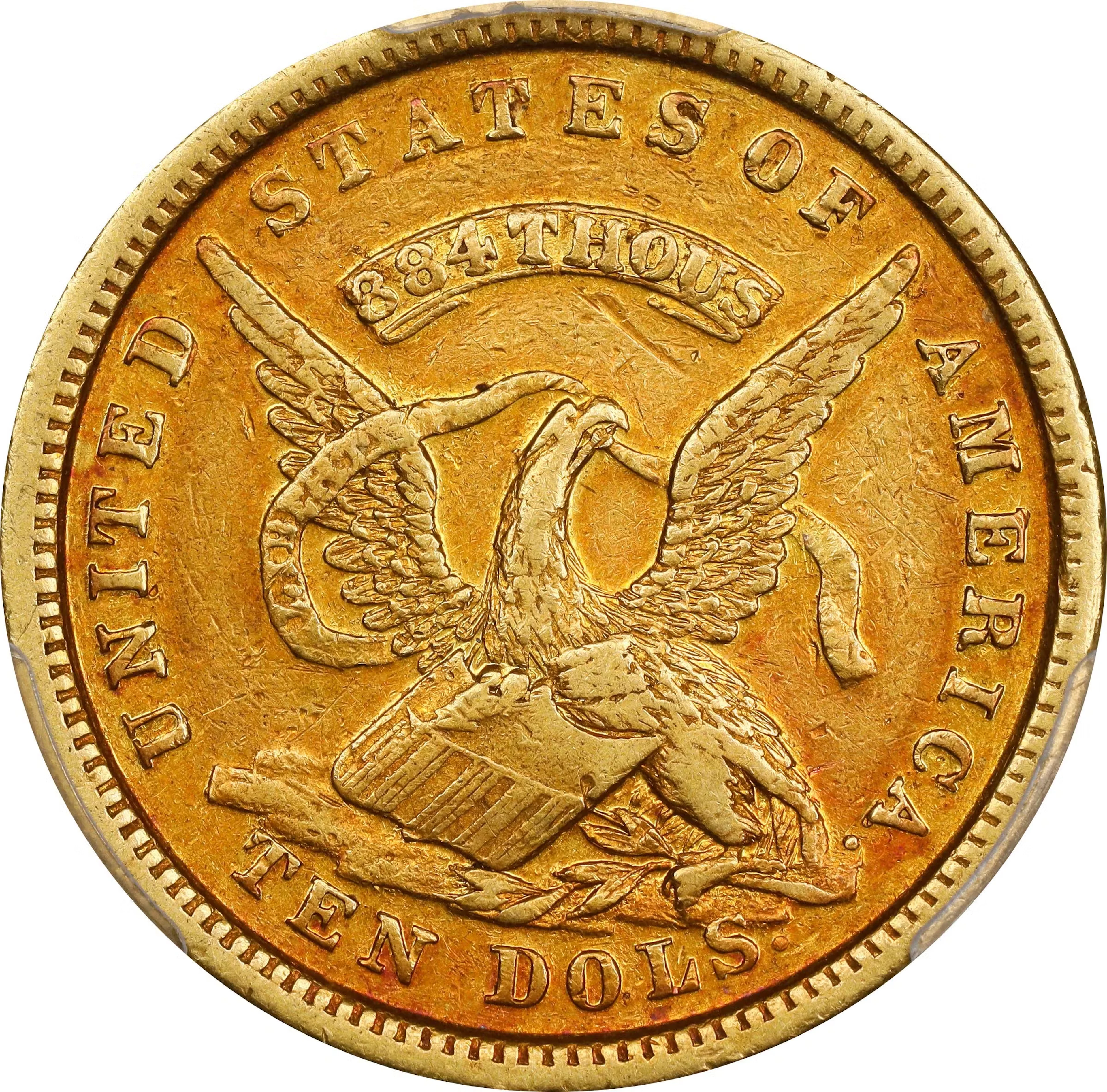 1852 Augustus Humbert $10. K-12. Rarity-4. 884 THOUS. AU-50 (PCGS). CMQ.