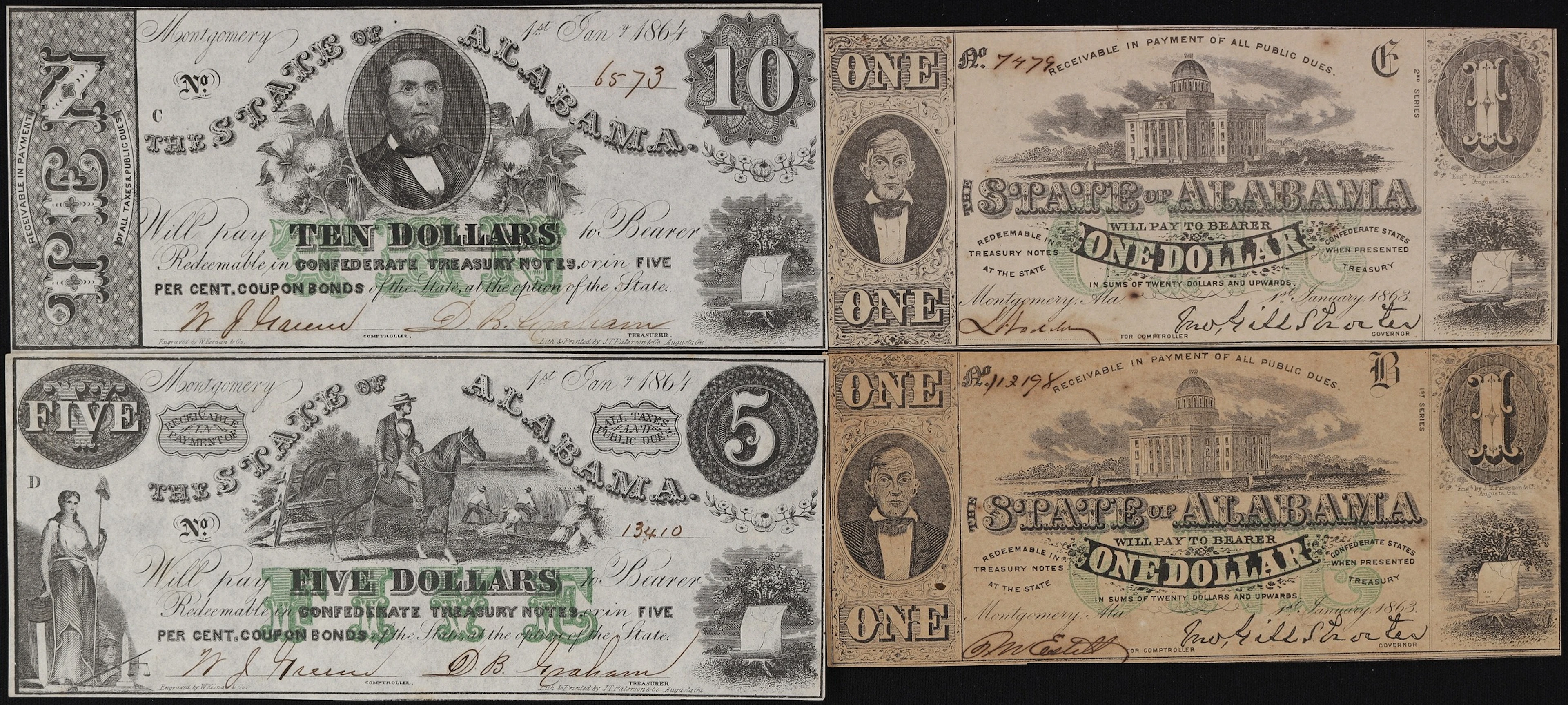 Lot of (4) Montgomery, Alabama. State of Alabama. 1863-64 $1, $5 &