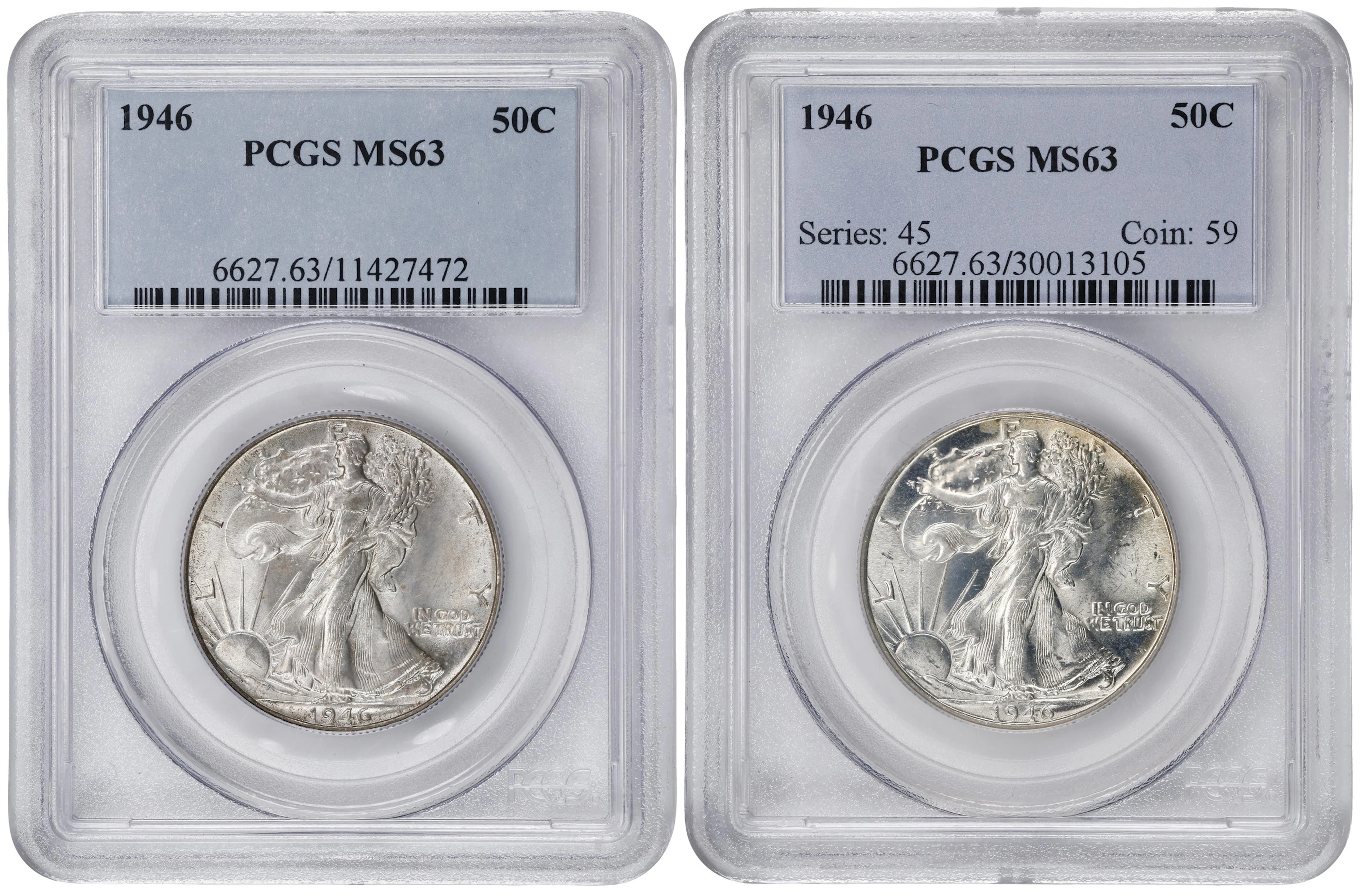 Lot of (2) 1946 Walking Liberty Half Dollars. MS-63 (PCGS).