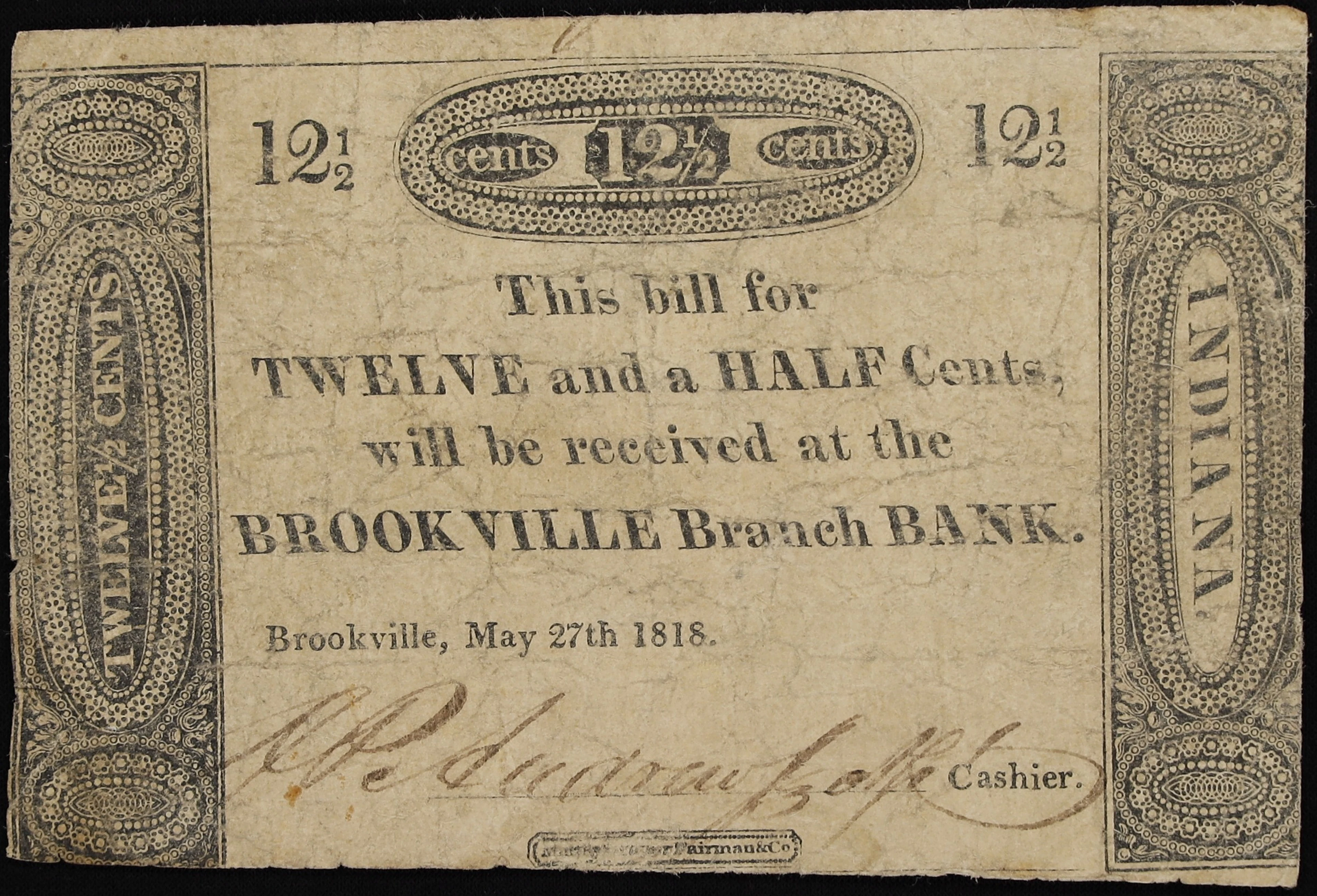 Brookville, Indiana. Brookville Branch Bank. 1818 12 1/2 Cents. Fine.