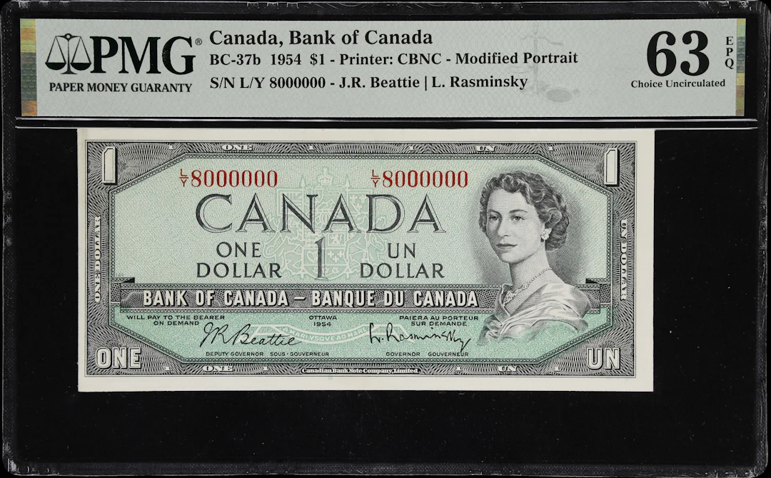 CANADA--FANCY SERIAL NUMBERS. Bank of Canada. 1 Dollar, 1954. BC-37b.