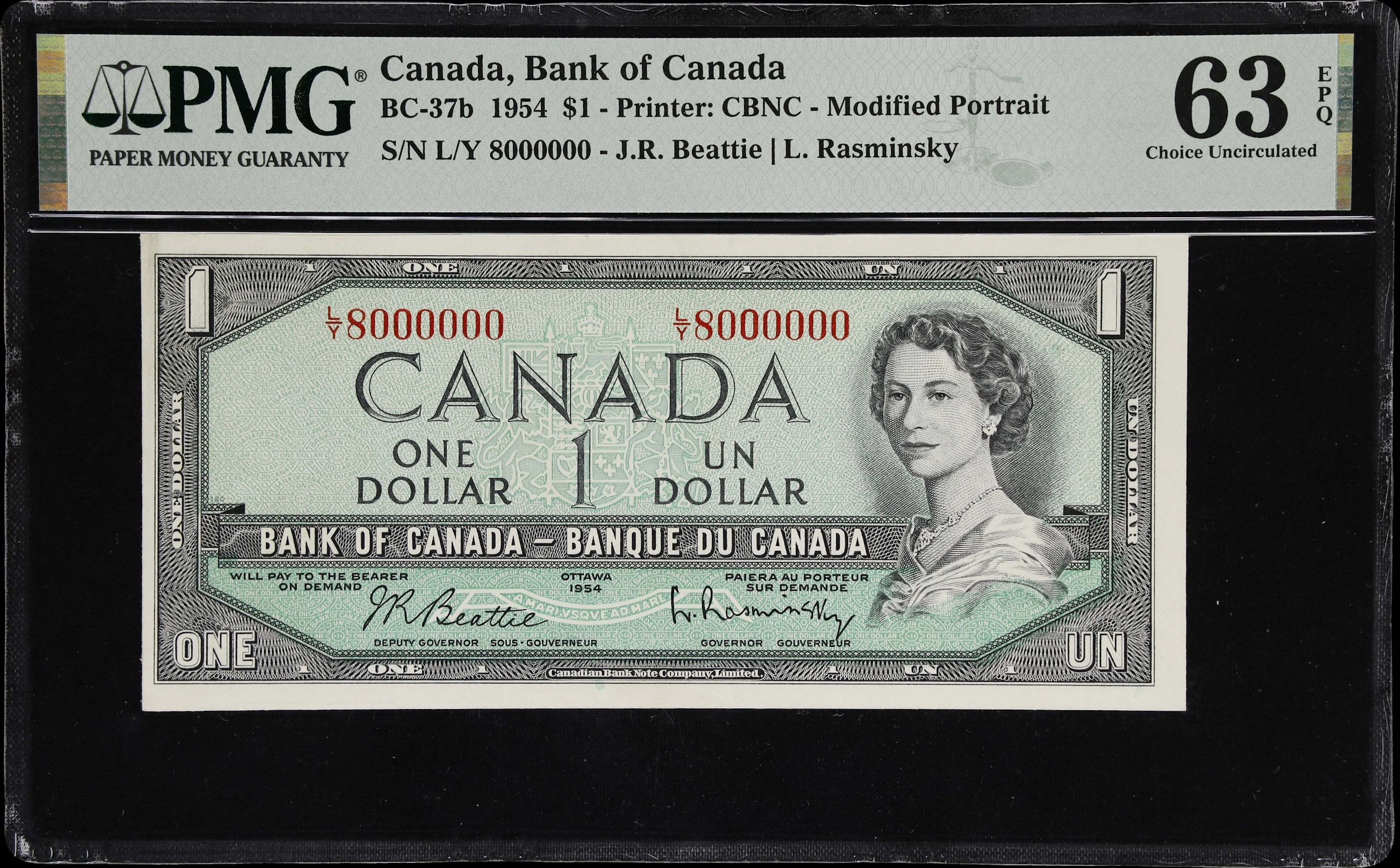 CANADA--FANCY SERIAL NUMBERS. Bank of Canada. 1 Dollar, 1954. BC-37b.