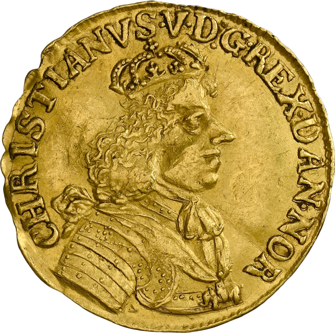 DENMARK. Ducat, 1672. Glückstadt Mint. Christian V. NGC AU Details--Edge