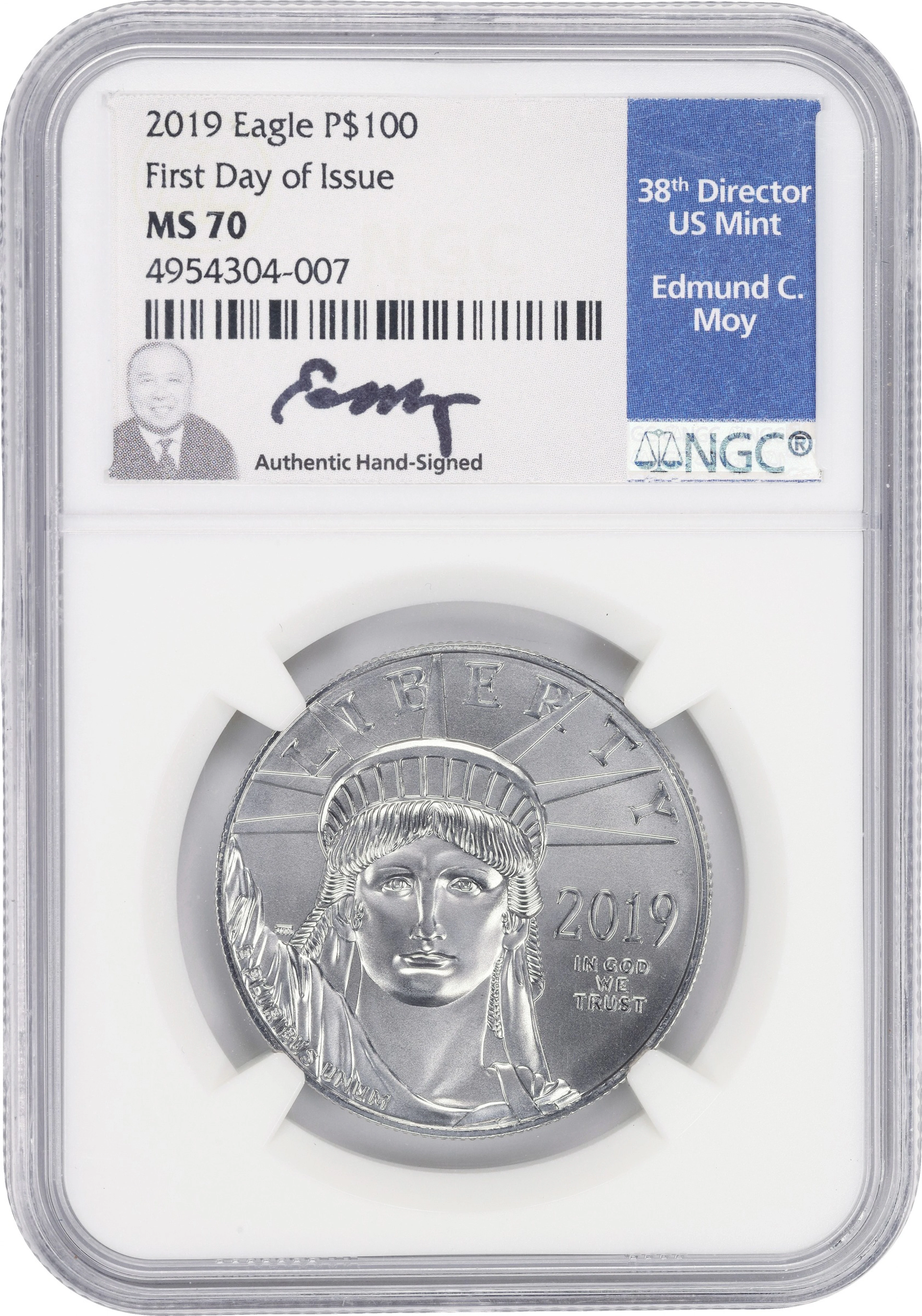 (1 oz, 31.104 g APtW). 2019 American Platinum Eagle $100. MS-70 (NGC).