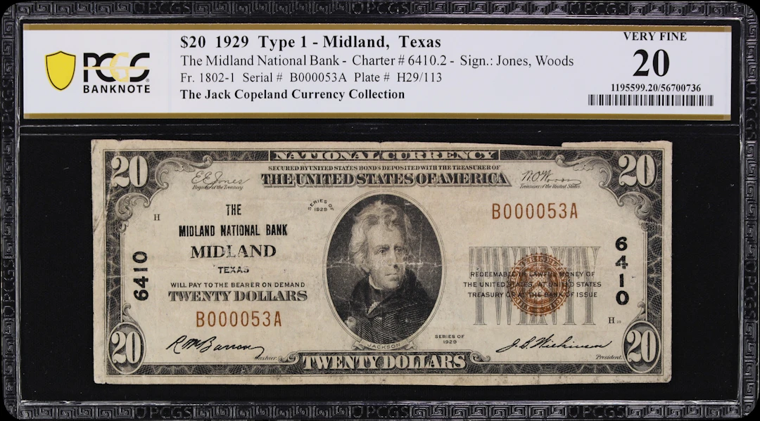 Midland, Texas. $20 1929 Ty. 1. Fr. 1802-1. Midland NB. Charter #6410.