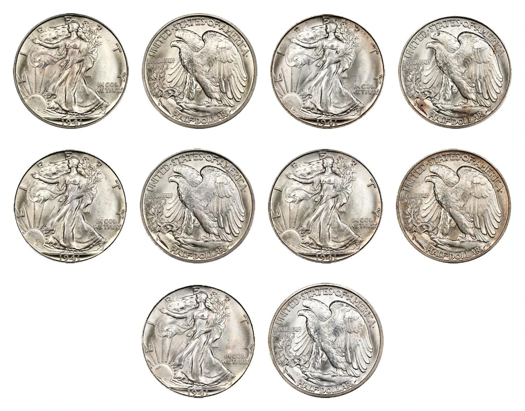Lot of (5) 1941-D Walking Liberty Half Dollars. MS-66 (PCGS). OGH.