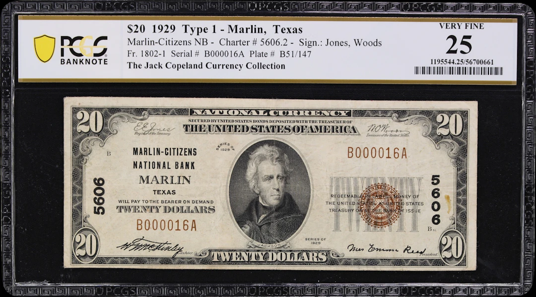 Marlin, Texas. $20 1929 Ty. 1. Fr. 1802-1. Marlin-Citizens NB. Charter