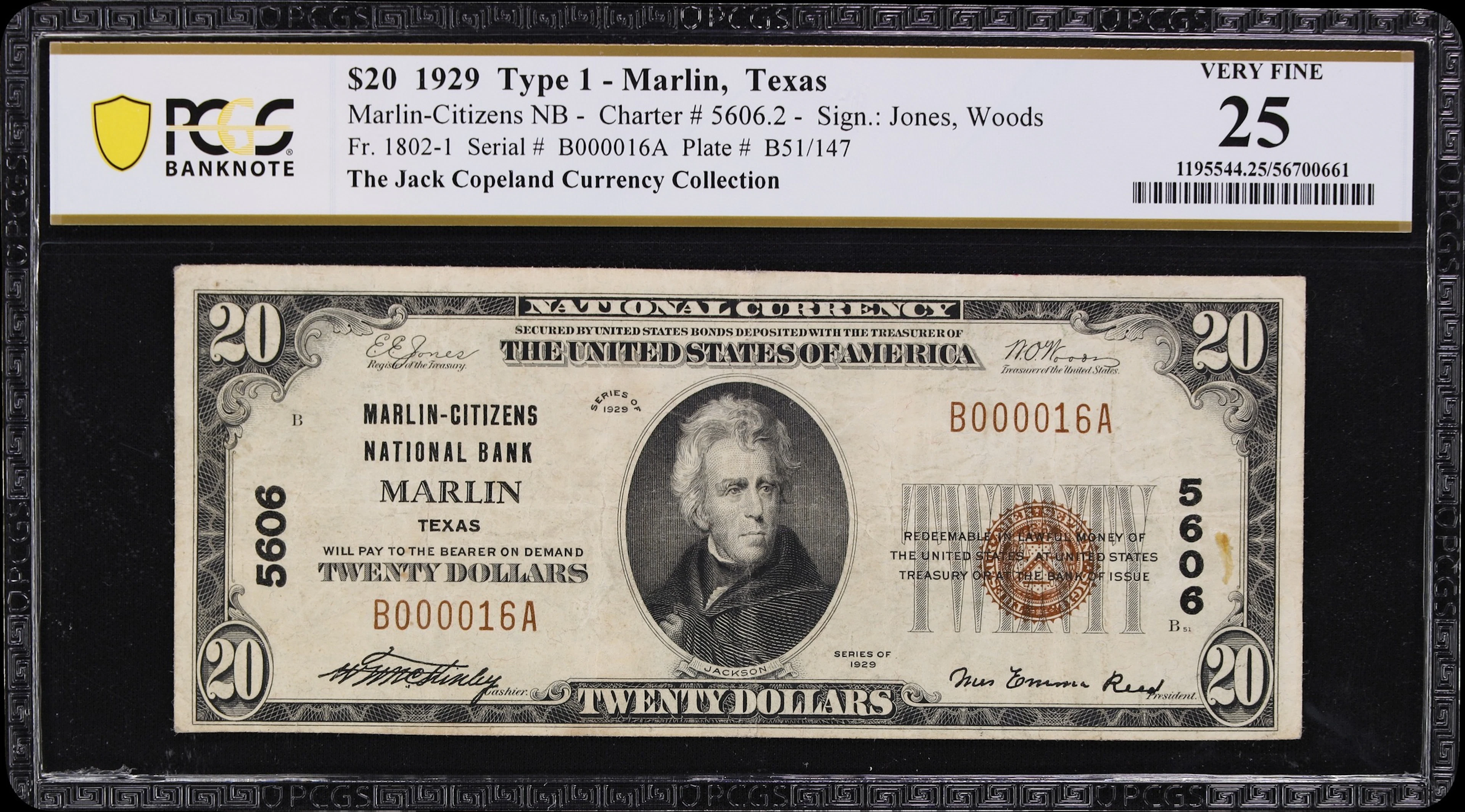 Marlin, Texas. $20 1929 Ty. 1. Fr. 1802-1. Marlin-Citizens NB. Charter