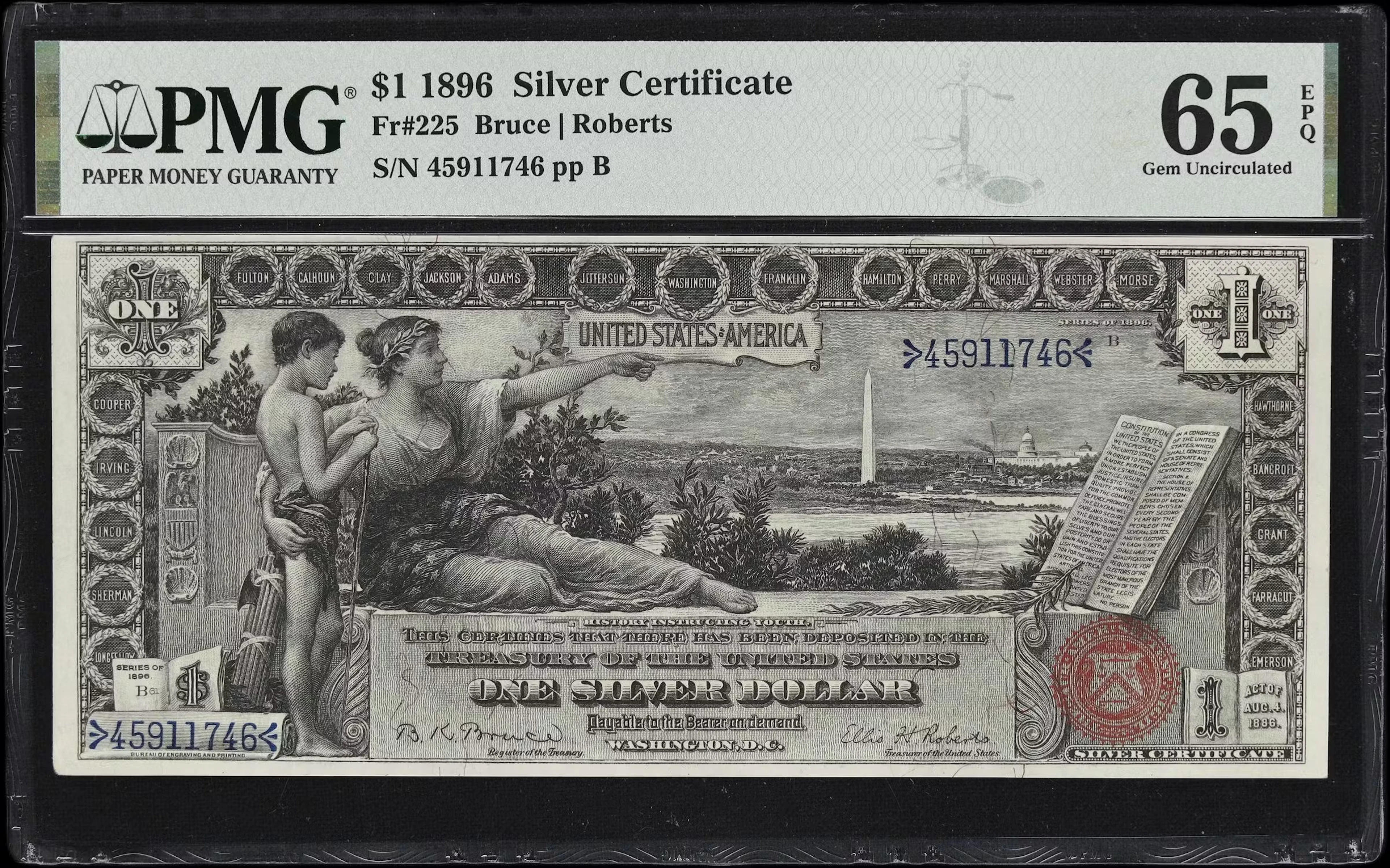 Fr. 225. 1896 $1 Silver Certificate. PMG Gem Uncirculated 65 EPQ.