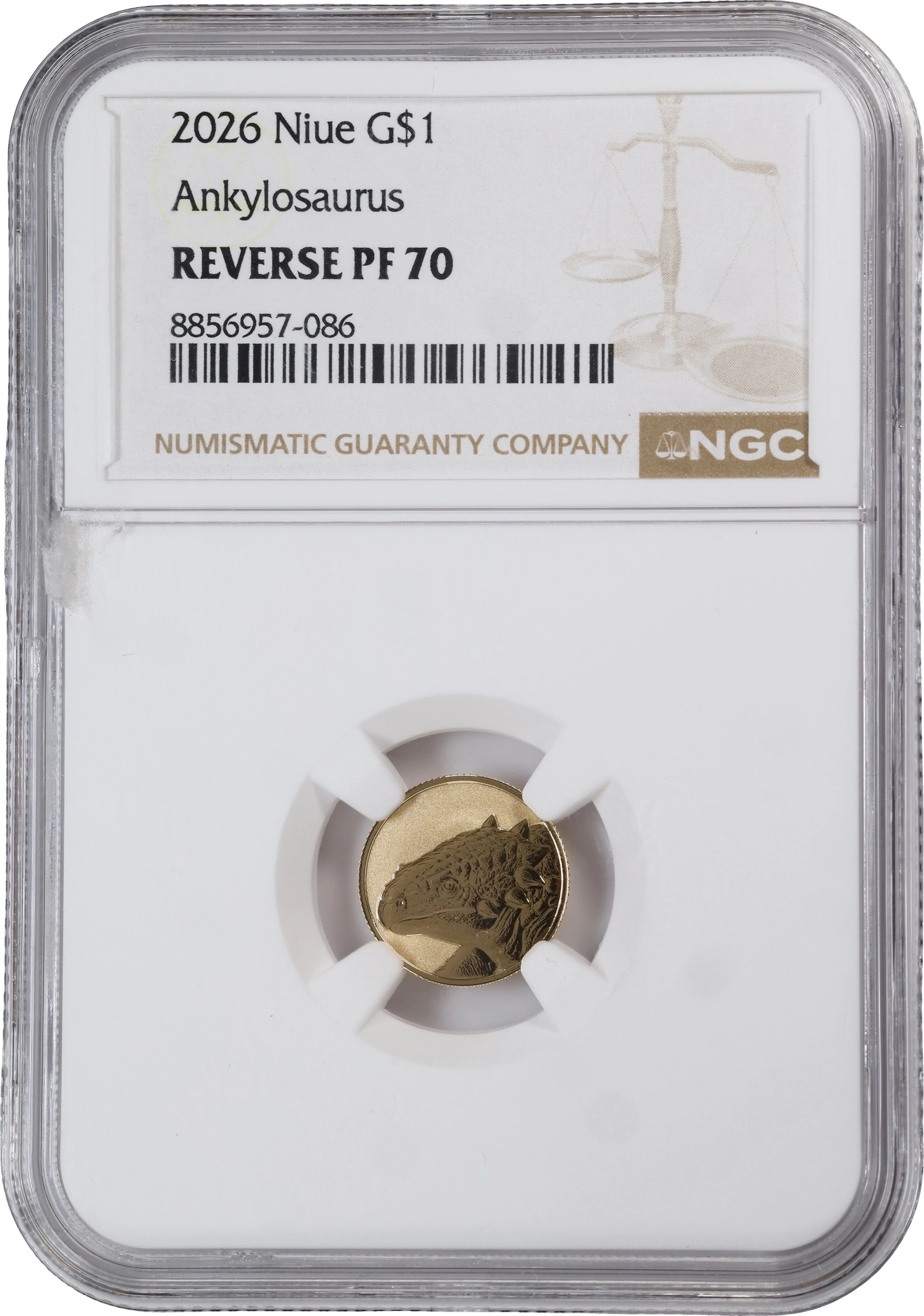 (0.032 oz, 1 g AGW). Niue. 2026 Ankylosaurus Gold $1. Reverse PF-70 (NGC).