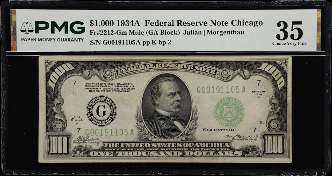 Fr. 2212-Gm. 1934A $1000 Federal Reserve Note. Mule. Chicago. PMG