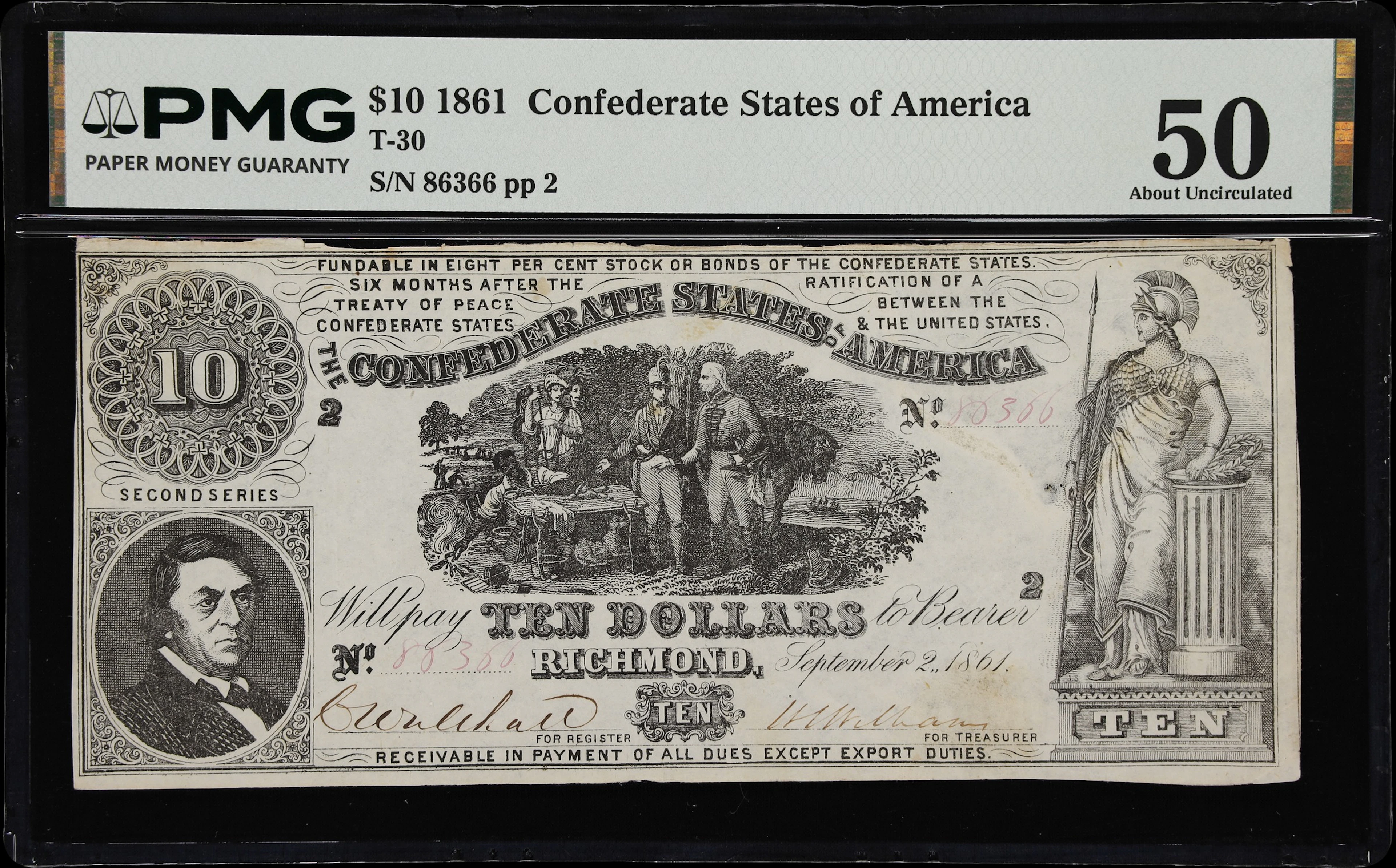 T-30. Confederate Currency. 1861 $10. PMG About Uncirculated 50.